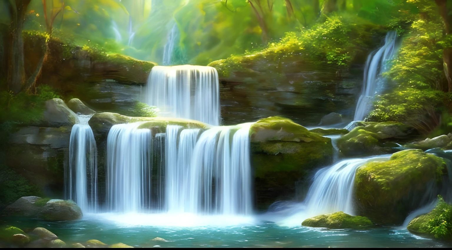 a waterfall with a waterfall in the middle of it, an impressionist painting by Cherryl Fountain, pinterest, magic realism, deviantart, enchanting, beautiful