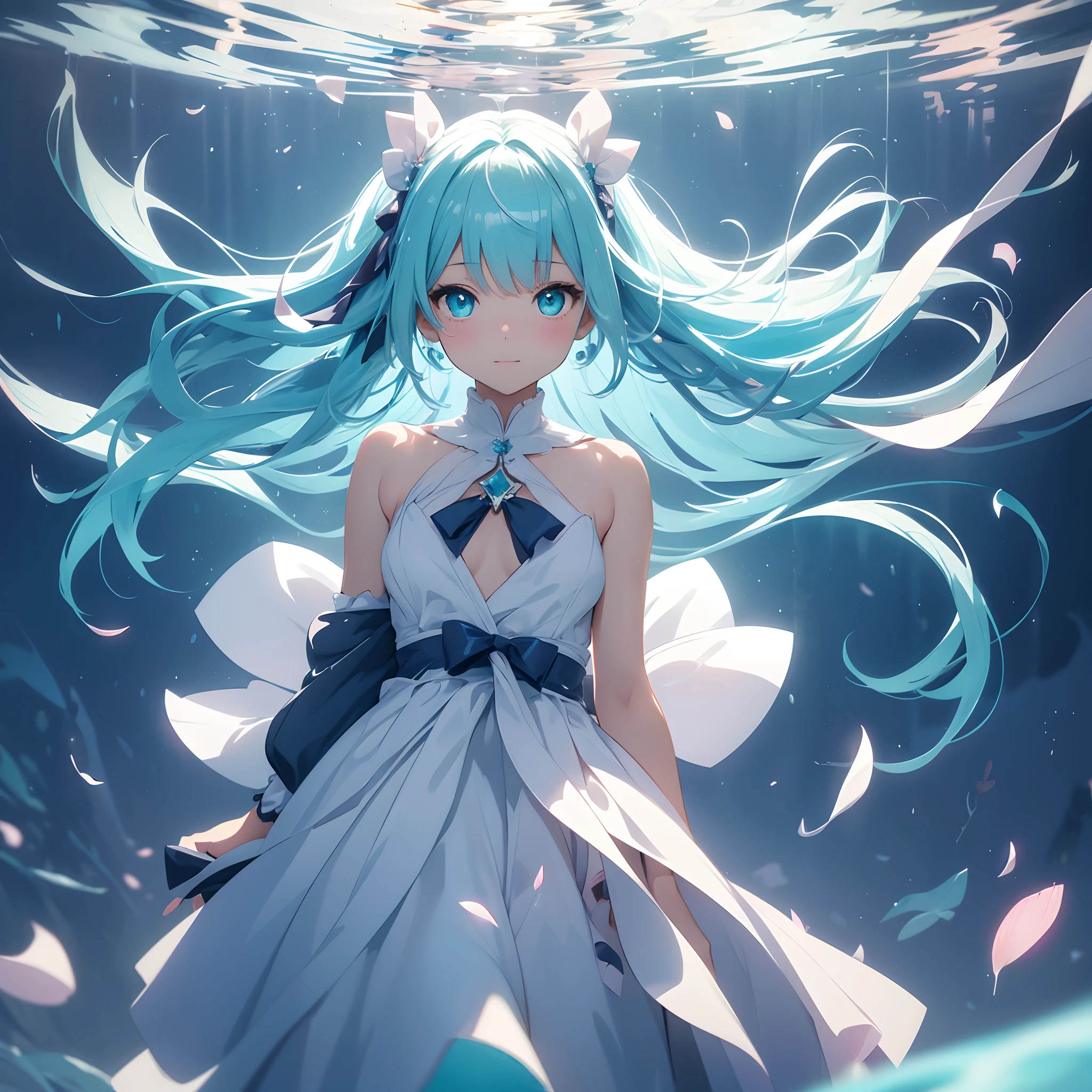 1girl in, Solo, superfine illustration, extremely delicate and beautiful, Best Quality, Abstract Anime Painting, hight resolution, masutepiece, 2D, An enchanting presence shining in a cloudy sky,Ephemeral smile、 A captivating scene that feels different from your surroundings, Cute little girl standing alone, Her bangs match her side hair, Tied with a ribbon, Her hair is translucent, Aqua's sparkling eyes, Carrying a stuffed shark on your back、 Staring into the distance with a sense of wonder, Surrounded by floating ethereal petals, dreamy ambiance, Danbooru tags: #abstract  art #Aesthetic #Beauty #Dreamy #lovely #Anime Fashion #Ethereal.