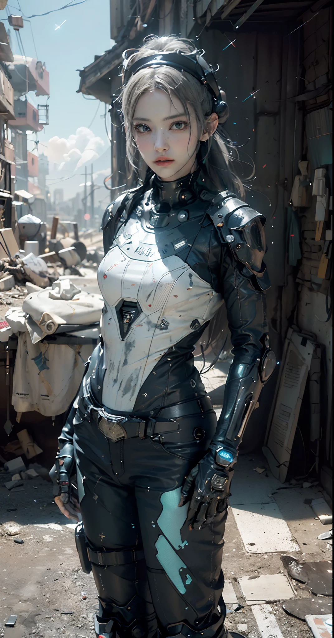 ((best quality)), ((masterpiece)), ((realistic)), (detailed), (photorealistic:1.5), a futuristic girl, (thick body), (white bodysuit), lights on armor, cybernetic headwear, looking at viewer, dynamic pose, post apocalyptic, destroyed city background, buildings on fire, science fiction, hdr, ray tracing, nvidia rtx, super-resolution, unreal 5, subsurface scattering, pbr texturing, post-processing, anisotropic filtering, depth of field, maximum clarity and sharpness, rule of thirds, 8k raw, (luminescent particles:1.4), (extremely detailed cg, unity 8k wallpaper, 3d, cinematic lighting, lens flare), reflections, sharp focus, cyberpunk art, cyberpunk architecture,