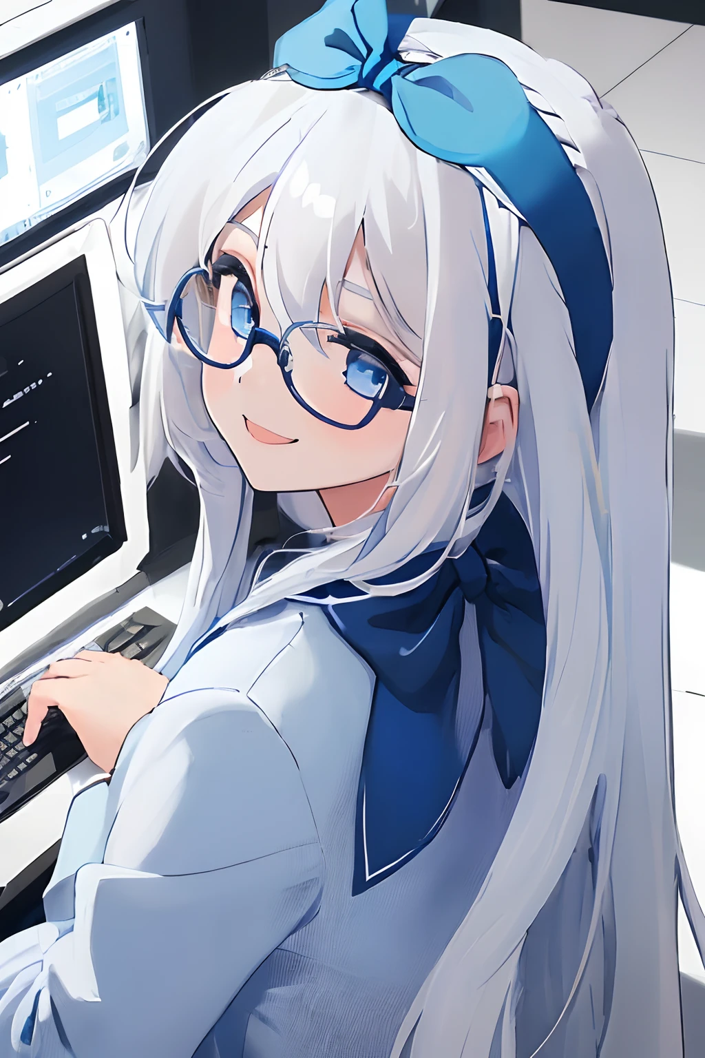 ((((1 girl)))), ((((solo)))), fullbody, ((((white hair)))), long hair, ((((blue hairband)))), ((((blue eyes)))), happy, smile, 18 year old, dynamic angle, suit, round glasses, office, personal computer, business, from behind