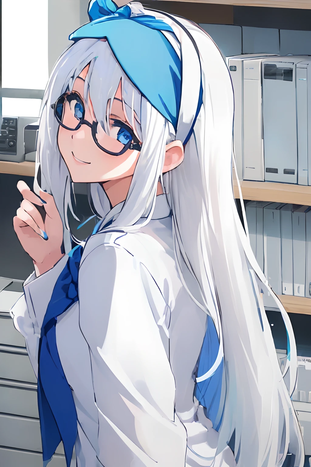 ((((1 girl)))), ((((solo)))), fullbody, ((((white hair)))), long hair, ((((blue hairband)))), ((((blue eyes)))), happy, smile, 18 year old, dynamic angle, suit, round glasses, office, personal computer, business, from behind