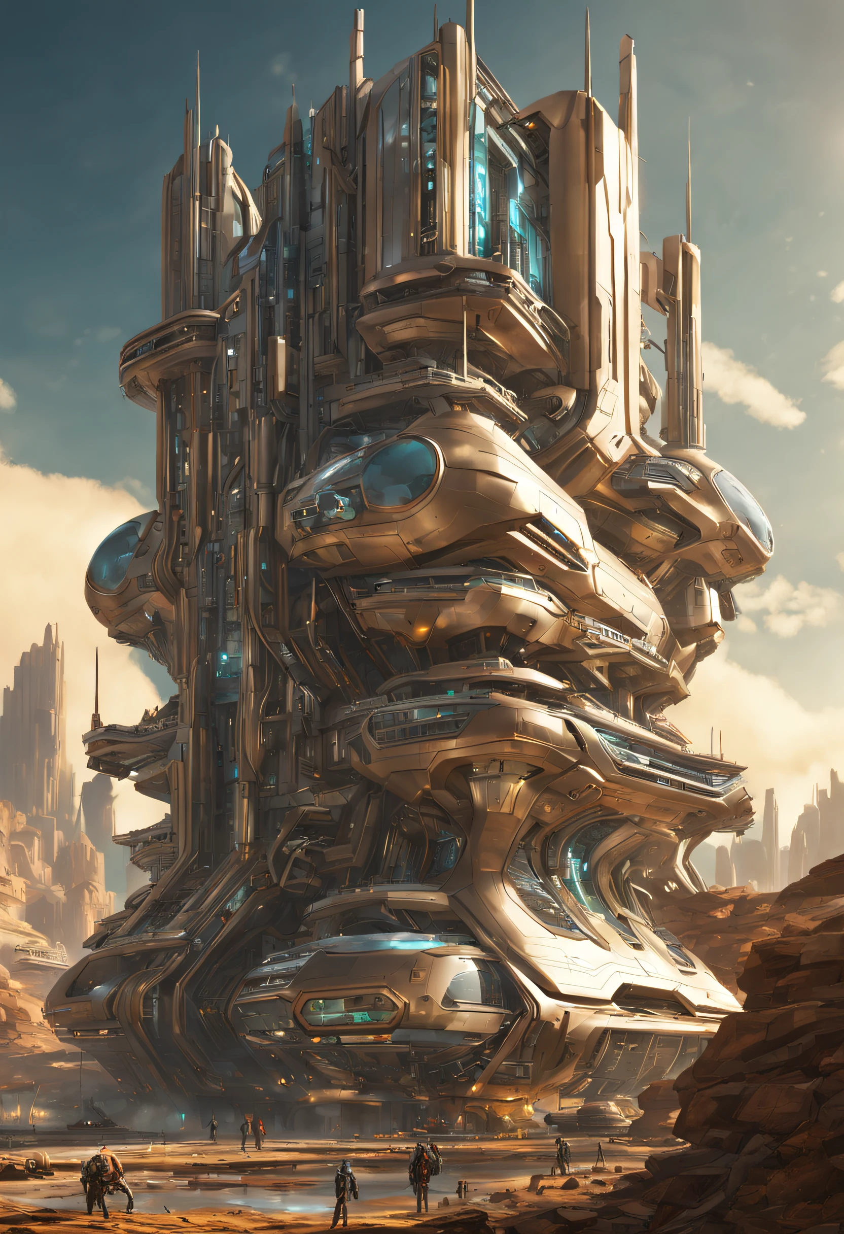 On an unknown planet there is a futuristic city with immense buildings of technological design, con estructuras acristaladas en plata, oro y bronce y maquinarias espectaculares en la que sobrevive un robot femenino espectacular. con colores vivos.