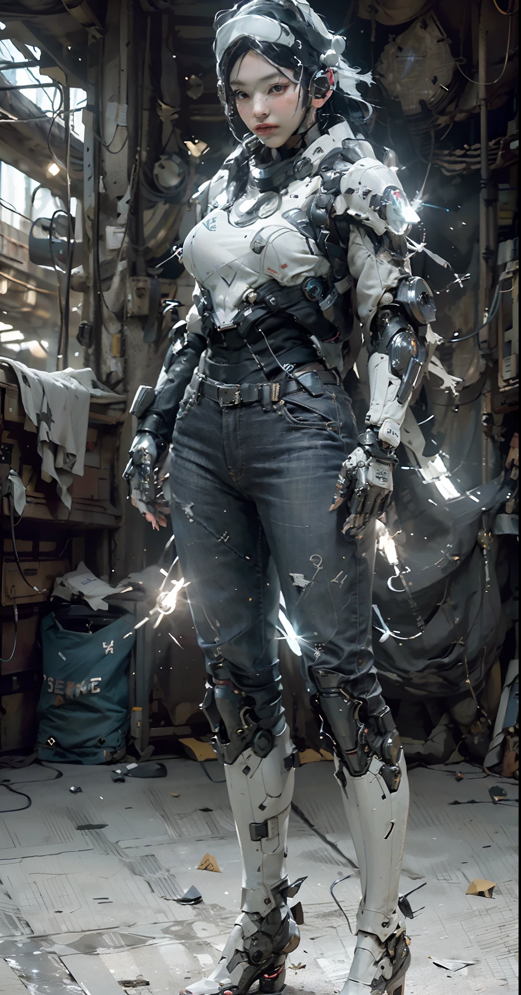 ((best quality)), ((masterpiece)), ((realistic)), (detailed), (photorealistic:1.5), a futuristic girl, (thick body), (white bodysuit), lights on armor, cybernetic headwear, looking at viewer, dynamic pose, post apocalyptic, destroyed city background, buildings on fire, science fiction, hdr, ray tracing, nvidia rtx, super-resolution, unreal 5, subsurface scattering, pbr texturing, post-processing, anisotropic filtering, depth of field, maximum clarity and sharpness, rule of thirds, 8k raw, (luminescent particles:1.4), (extremely detailed cg, unity 8k wallpaper, 3d, cinematic lighting, lens flare), reflections, sharp focus, cyberpunk art, cyberpunk architecture,