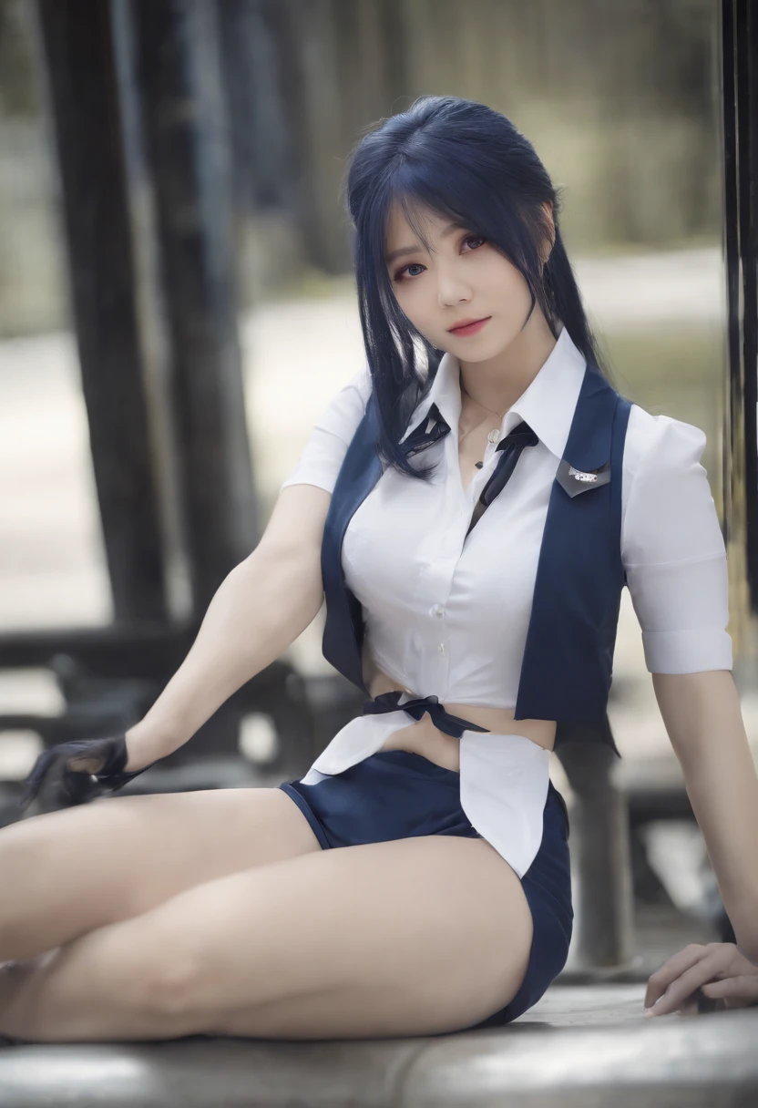 (masterpiece, best quality:1.2), solo girl, solo, 1girl, Shihouin Yoruichi, clean and sharp and well-defined yellow eyes, from below shot, full body shot, smile, looking at viewer, ponytail, sailor uniform white with blue lines, white vest, white miniskirt, tight white panties with blue stripes, panties showing under skirt, blue tie, pussy line folds, bra and panties in the same color, tie with same blue as underwear, UHD, purple hair, NSFW.
