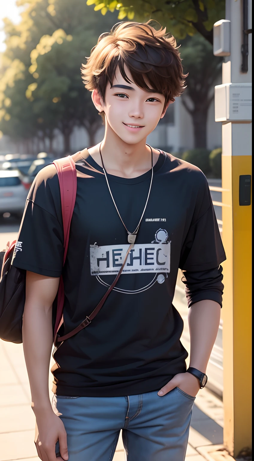 A handsome boy high school student，sunshine smile，There is a band-aid on the face，Clothing trends，