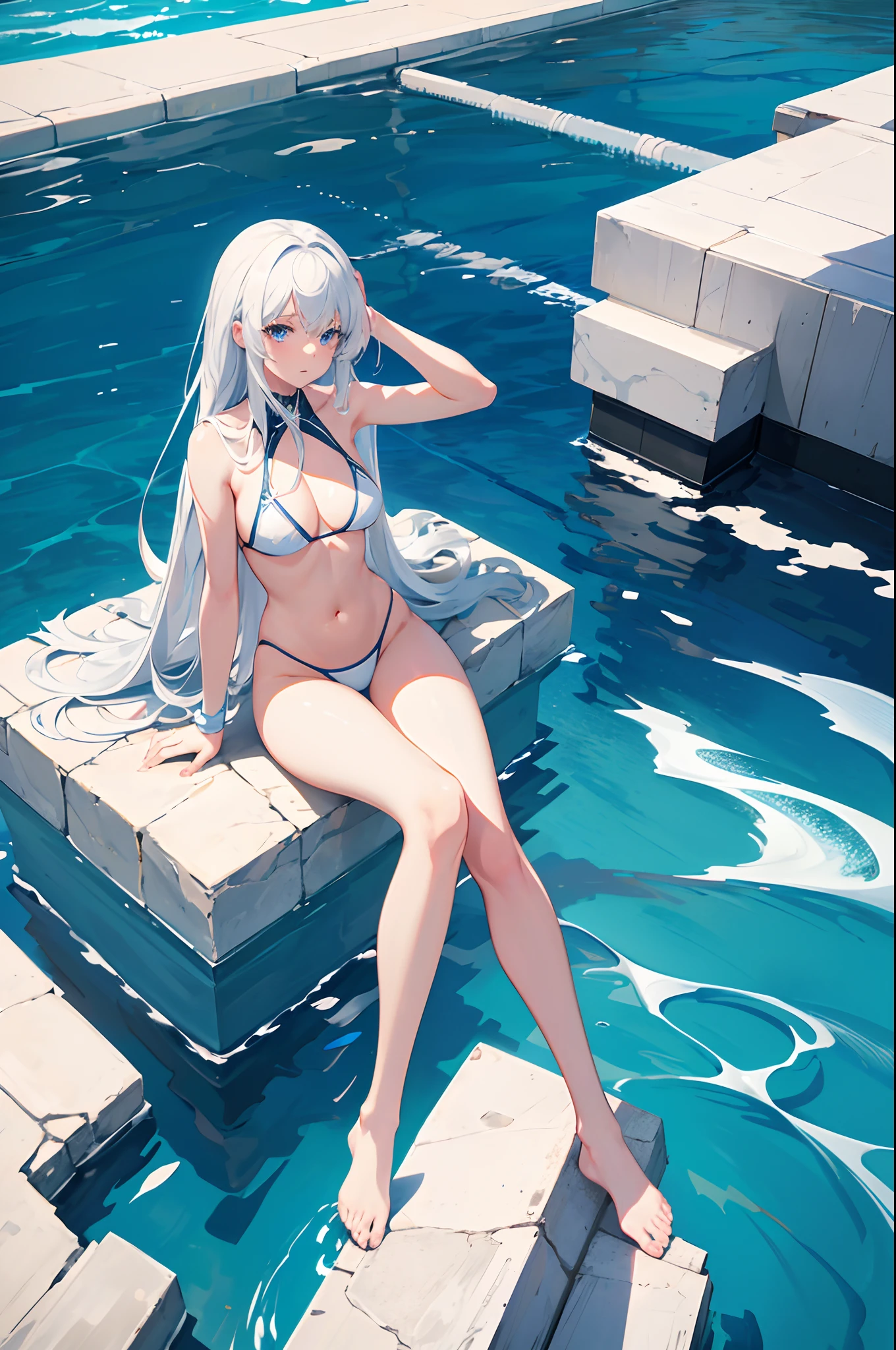 1 girl, full figure, in profile, happy, long white hair, perfect blue eyes, wearing a bikini, sitting on the edge of a swimming pool, high resolution, ultra sharp, 8K, masterpiece, looking at the viewer