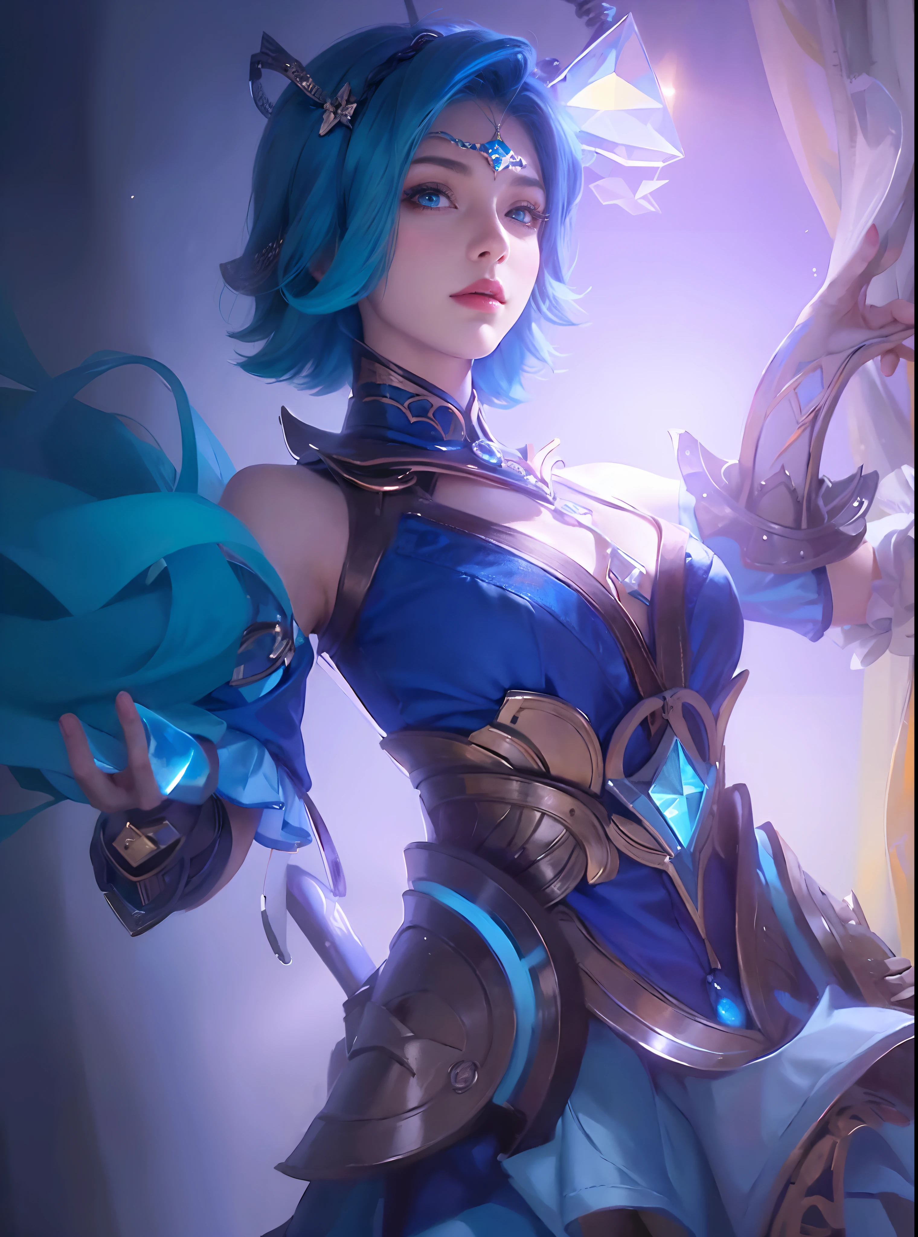 ((masterpiece)), ((best quality)), ((HD 4k)) ((realistic1.2)),girl, blue hair, short hair, inticrate detail, sllicked side hair, diamond, heterochromia eyes