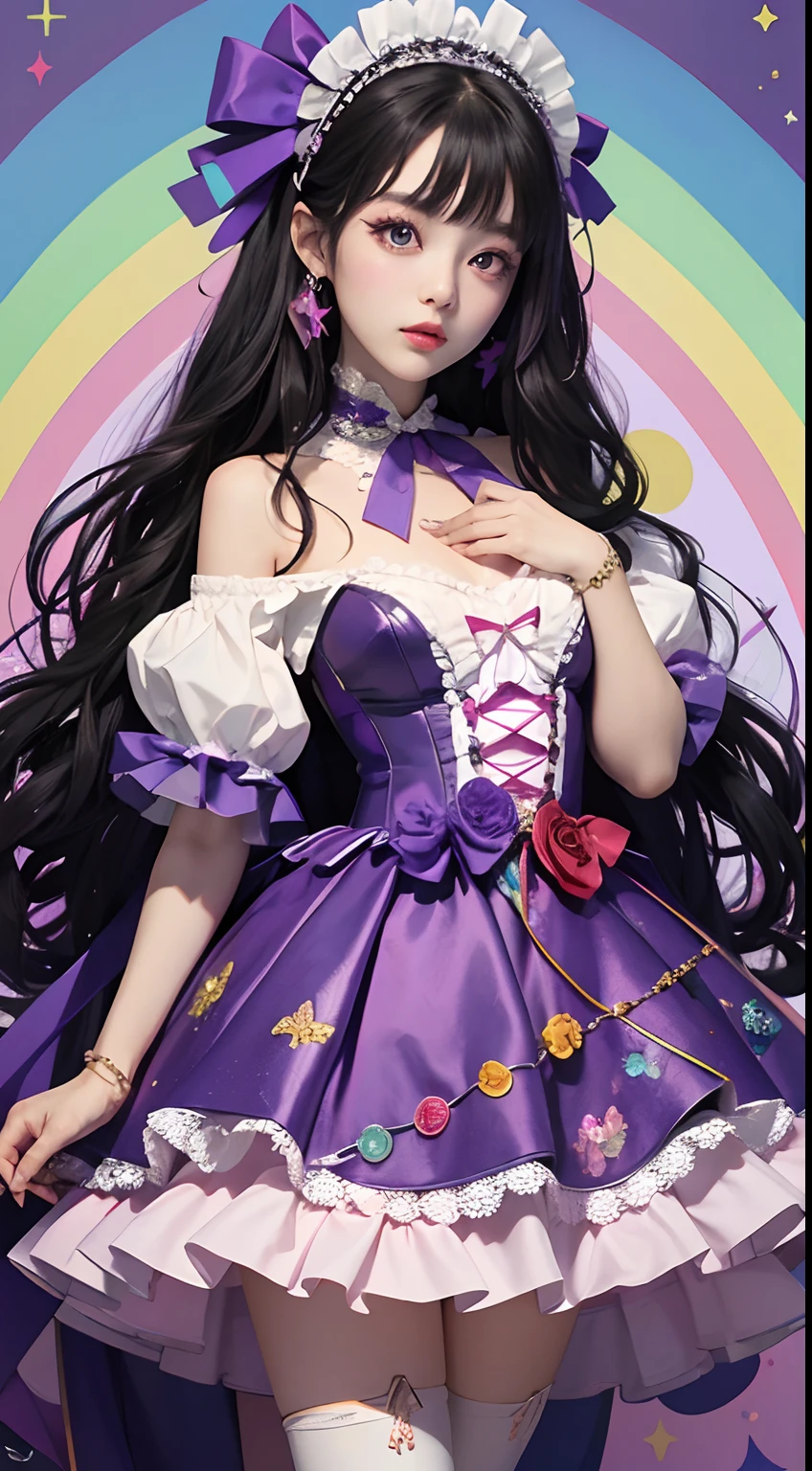 rainbows、Walking on a rainbow、Designer、Halloween Supermodel、makeup、Glossy lips、Shining eyes、(realisitic、hight resolution)、(1 girl in)、Do-Up Eye、Korean Girl、Full body like