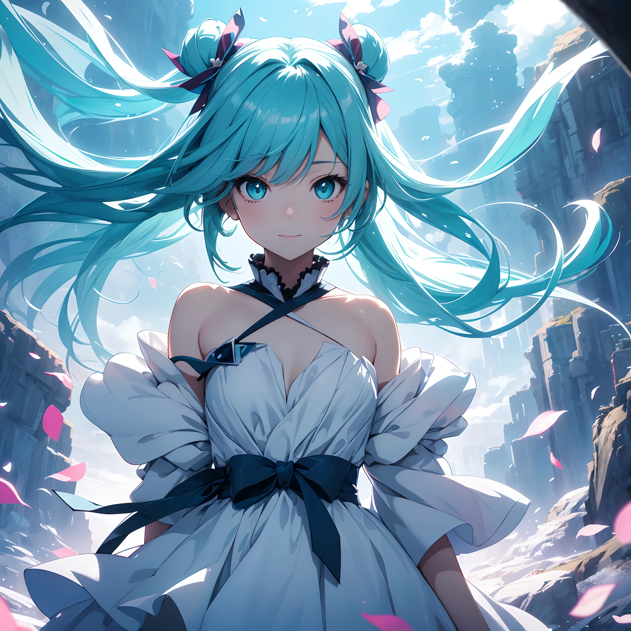 1girl in, Solo, superfine illustration, extremely delicate and beautiful, Best Quality, Abstract Anime Painting, hight resolution, masutepiece, 2D, An enchanting presence shining in a cloudy sky,Ephemeral smile、 A captivating scene that feels different from your surroundings, e litanding alone, Her bangs match her side hair, Tied with a ribbon, Her hair is translucent, Aqua's sparkling eyes, Carrying a stuffed shark on your back、 Staring into the distance with a sense of wonder, Surrounded by floating ethereal petals, dreamy ambiance, Danbooru tags: #abstract art #Aesthetic #Beauty #Dreamy #lovely #Anime Fashion #Ethereal.