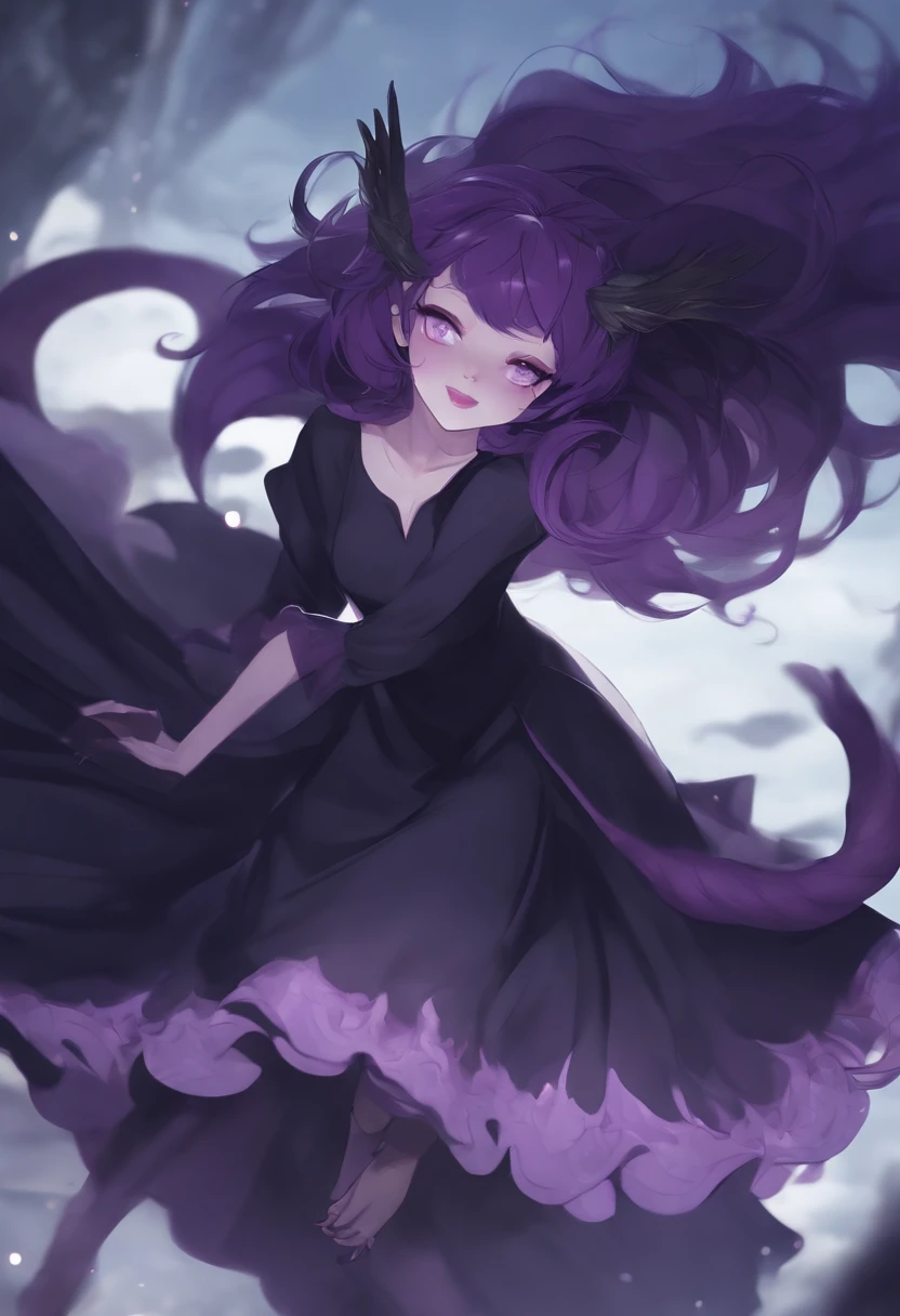 ghost, (Monster Girl), Purple skin, Spikes, Sparrowy purple hair, Fangs grinned, Floating hands, Wearing a dark purple dress, floating in mid-air, Masterpiece, Best quality