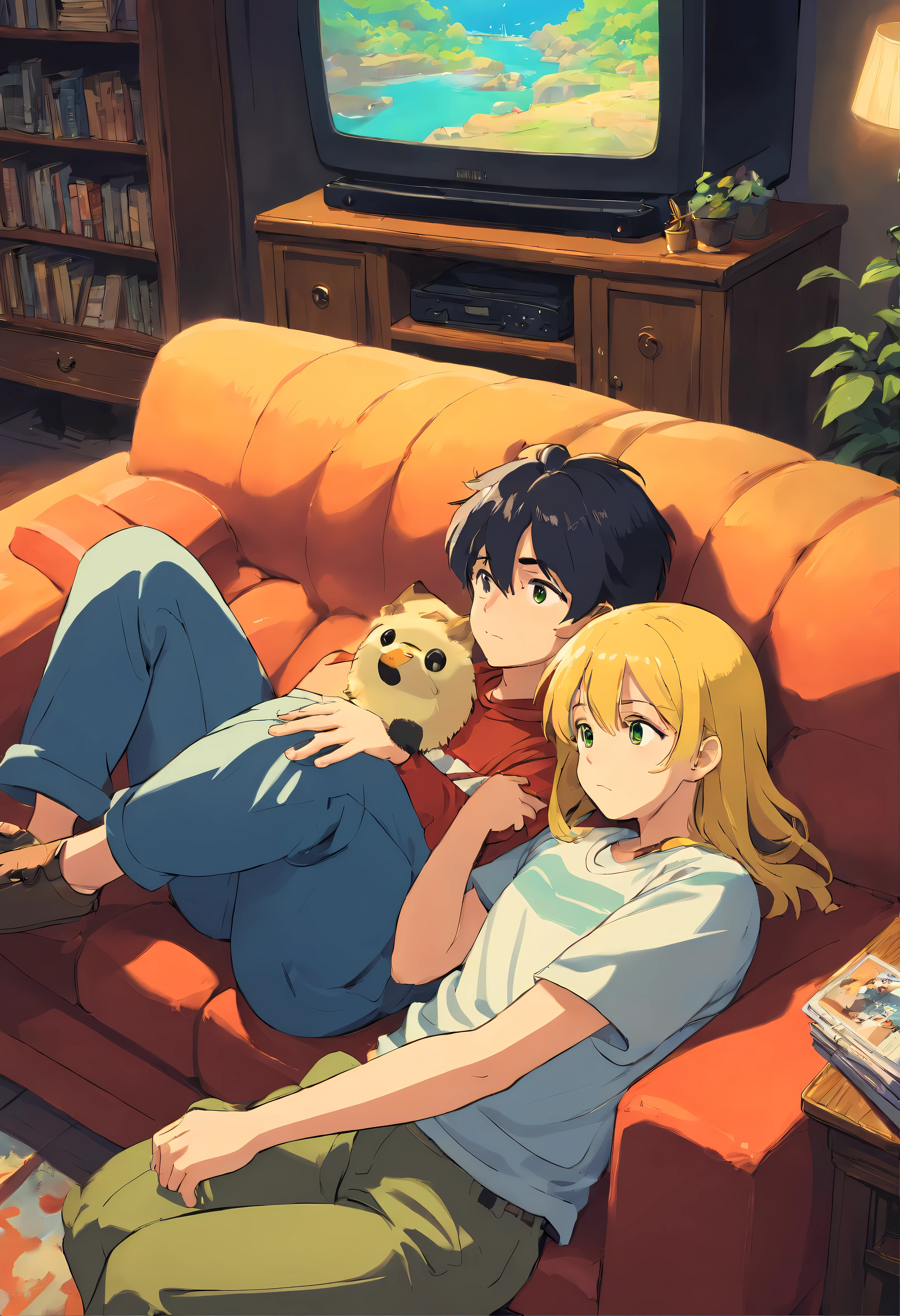 2 man are sitting on a couch, one have dark yellow hair, the other one have black hair, one have dark green eyes, the other one have dark blue eyes, they are twinkish, they both wear t-shirts, they both have leg hairs, they wear a bit long shorts, cartoon style, cozy place, they are watching a tv , they are looking at tv , they are cuddling each other, they both around 20 years old, they love eachother
