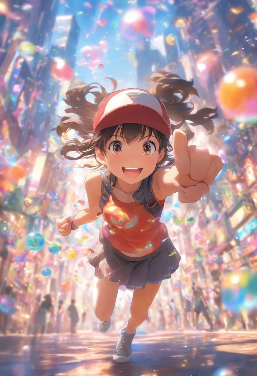 foreshortening, depth of fields,Looking at Viewer, s、A dark-haired、小柄、Active、baseball cap、Tank Tops、a miniskirt、Sanpaku eyes、Amazing smile、a park、Running around and playing、Voice bubbles