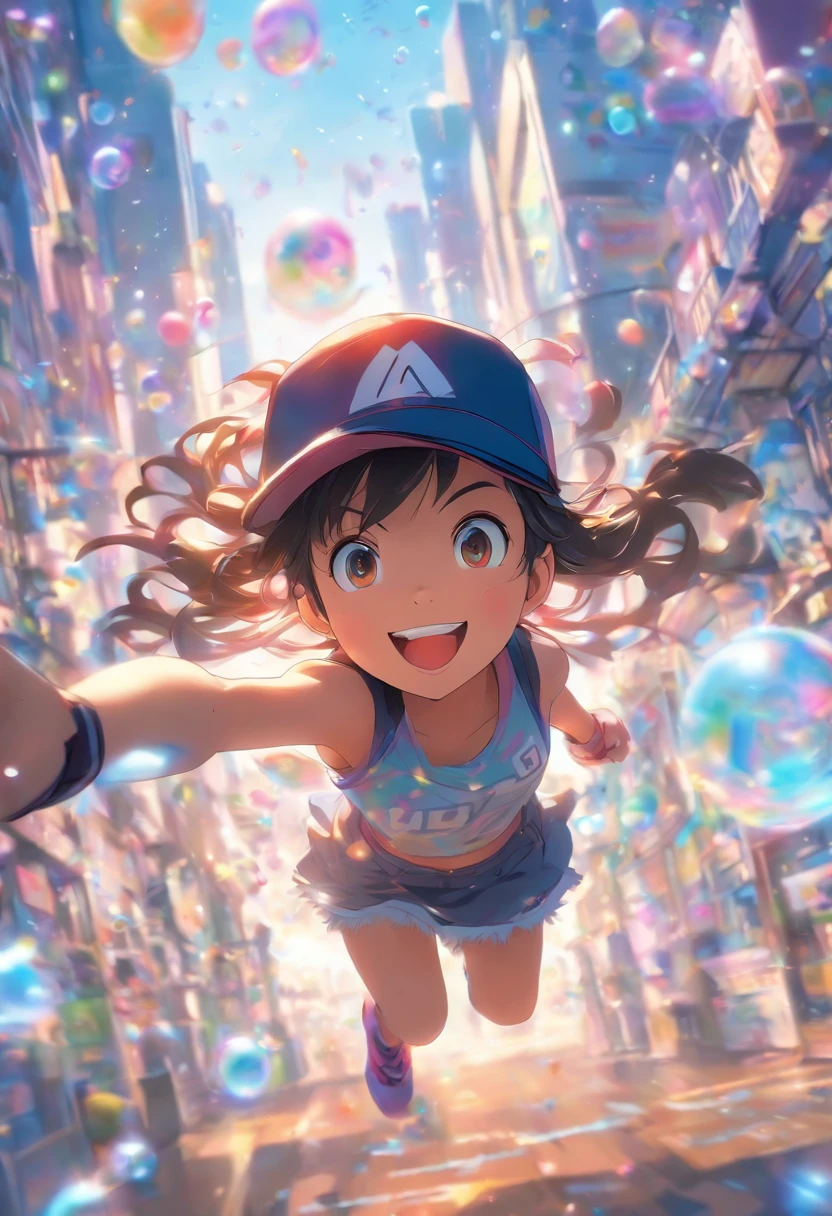 foreshortening, depth of fields,Looking at Viewer, s、A dark-haired、小柄、Active、baseball cap、Tank Tops、a miniskirt、Sanpaku eyes、Amazing smile、a park、Running around and playing、Voice bubbles