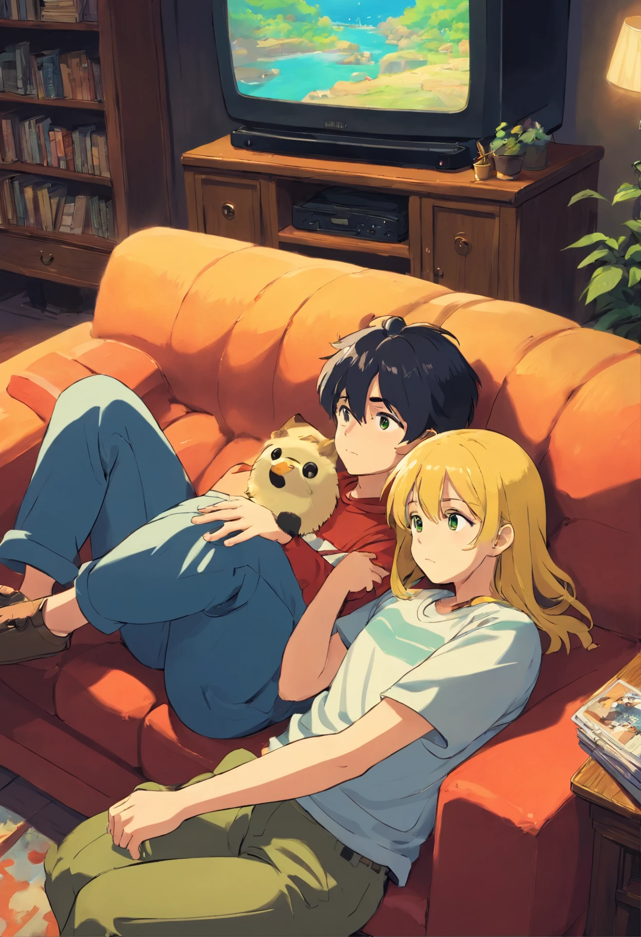 2 man are sitting on a couch, one have dark yellow hair, the other one have black hair, one have dark green eyes, the other one have dark blue eyes, they are twinkish, they both wear t-shirts, they both have leg hairs, they wear a bit long shorts, cartoon style, cozy place, they are watching a tv , they are looking at tv , they are cuddling each other, they both around 20 years old, they love eachother