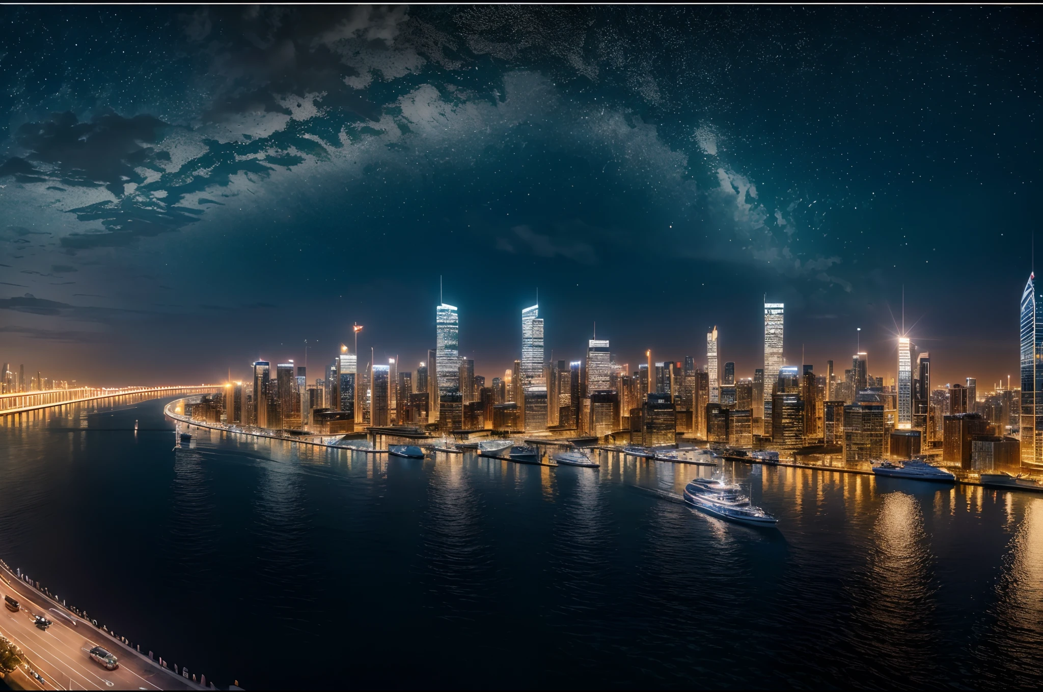 floatingcity,seaside,modernarchitecture,impressive skyline,breathtaking view,crystal-clear water,reflecting sunlight,serene atmosphere,glowing lights,high-rise buildings,panoramic view,unforgettable experience,twinkling stars,glittering reflections,glistening waves,vibrant colors,harbor,swaying boats,tranquil ambiance,urban paradise,(best quality,4k,8k,highres,masterpiece:1.2),ultra-detailed,realistic:1.37,HDR,UHD,studio lighting,physically-based rendering,extreme detail description,professional,vivid colors,bokeh,watercolor painting,warm-toned palette,dreamy atmosphere,flickering streetlights,ethereal beauty