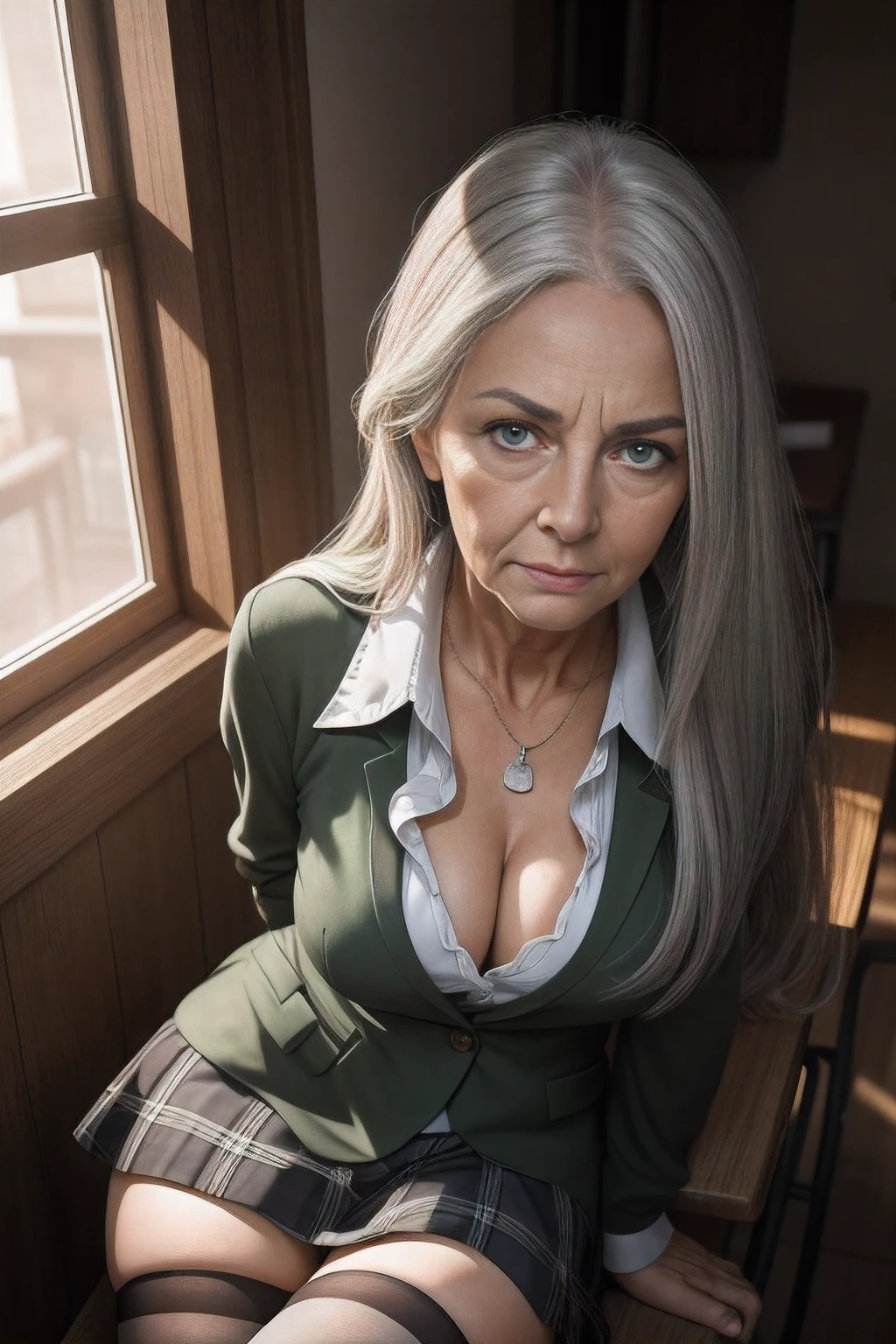 portrait of a 65-year-old woman with long gray hair, seductive gaze, green eyes, some wrinkles on her face, 8k, detailed background, utlra realistic, realism, exta realistic, wrinkles on body, school classroom, evening time sunshine, NSFW:1.2, schoolgirl clothes with high neckline, schoolgirl suit with high stockings, guilty look, red cheeks, crossed legs, beautiful street outside the window, showing full body, full body, extra small titts, small breasts, looking at viewer from above, angry facial expression, teeth indoors,soft lighting, extreme detail, hdr, long hair, soft evening lighning, ray traycing, good eyes, perfect eyes, detailed eyes, beauriful eyes