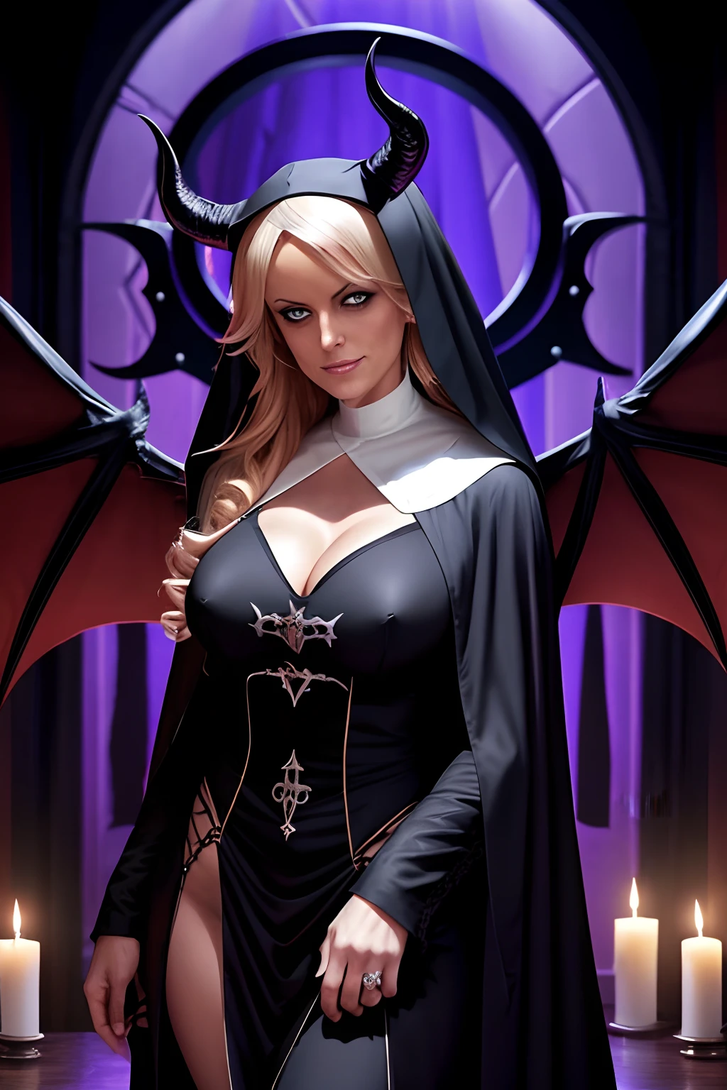Stormy Daniels: The evil nun,en robe de nonne sexy, Two Demon Horns on the head, demon wings, diabolique, insidieux, Dark and Sinister Satanic Church
