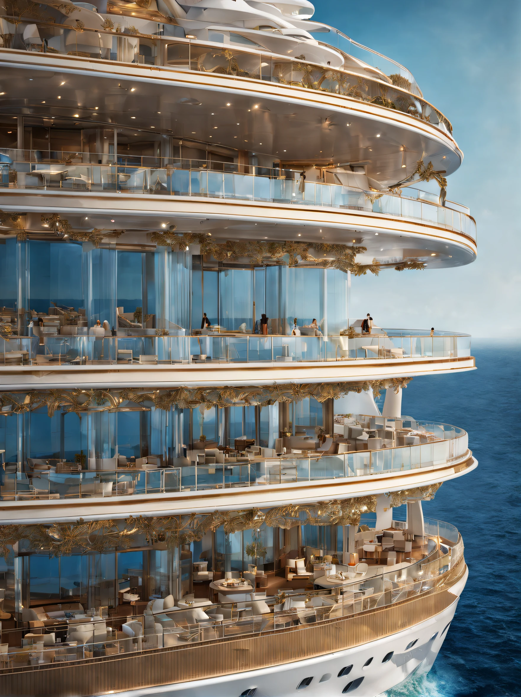 World's largest luxury cruise ship, 20 stories high, floating in the Caribbean Sea, (Masterpiece), (Best Quality), (Ultra high Detailed), intricate details, intricate detail texture,