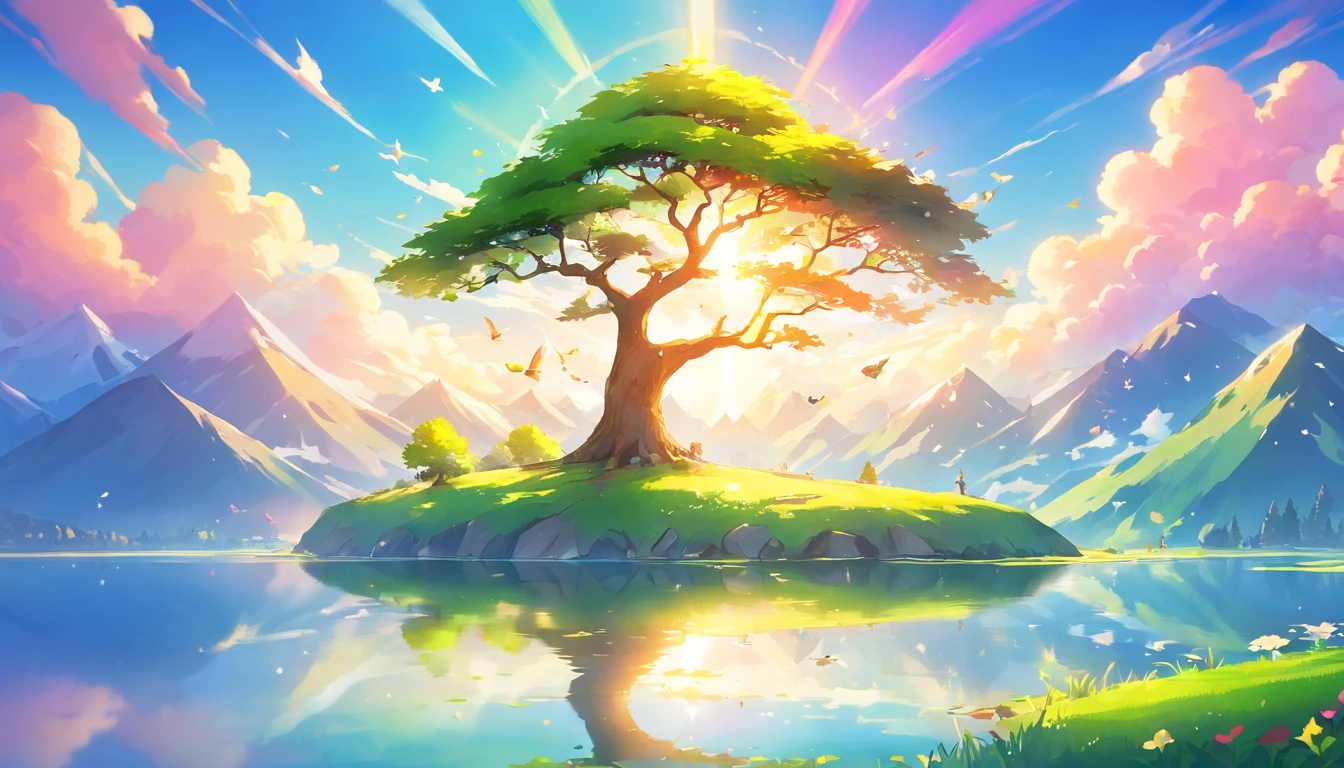 ((A rainbow appears in the sky after the rain)),baiyun, after rainny, rays of sunshine, refractions, Seven colors, Red, Orange, Yellow, Green, Blue, Violet, arc-shaped, A bridge to heaven, llight rays, dream magical, wanting, Calm lake, inverted image, The outline of the tree, Birds fly, freshen, magical, Beautiful natural landscape