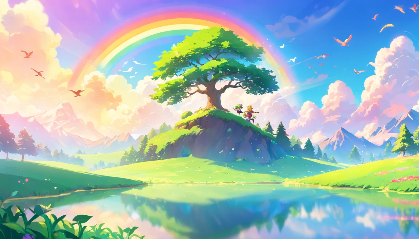 （（A rainbow appears in the sky after the rain）），baiyun, after rainny, rays of sunshine, refractions, Seven colors, Red, Orange, Yellow, Green, Blue, Violet, arc-shaped, A bridge to heaven, llight rays, dream magical, wanting, Calm lake, inverted image, The outline of the tree, Birds fly, freshen, magical, Beautiful natural landscape