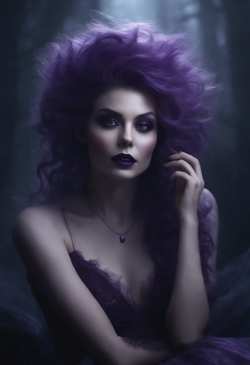 A ghostly, monstrous girl with purple skin and spiky purple hair. She wears a deep purple dress and has sharp fangs, grinning mischievously. Her hands float in the air as she hovers above the ground. The image is a masterpiece of the highest quality, with ultra-detailed features and a realistic, photorealistic style. The color palette is dominated by shades of purple, creating an eerie and ethereal atmosphere. The lighting is dramatic, casting haunting shadows that enhance the ghostly effect. The overall image quality is top-notch, with a resolution of 4k or 8k, showcasing every fine detail.
