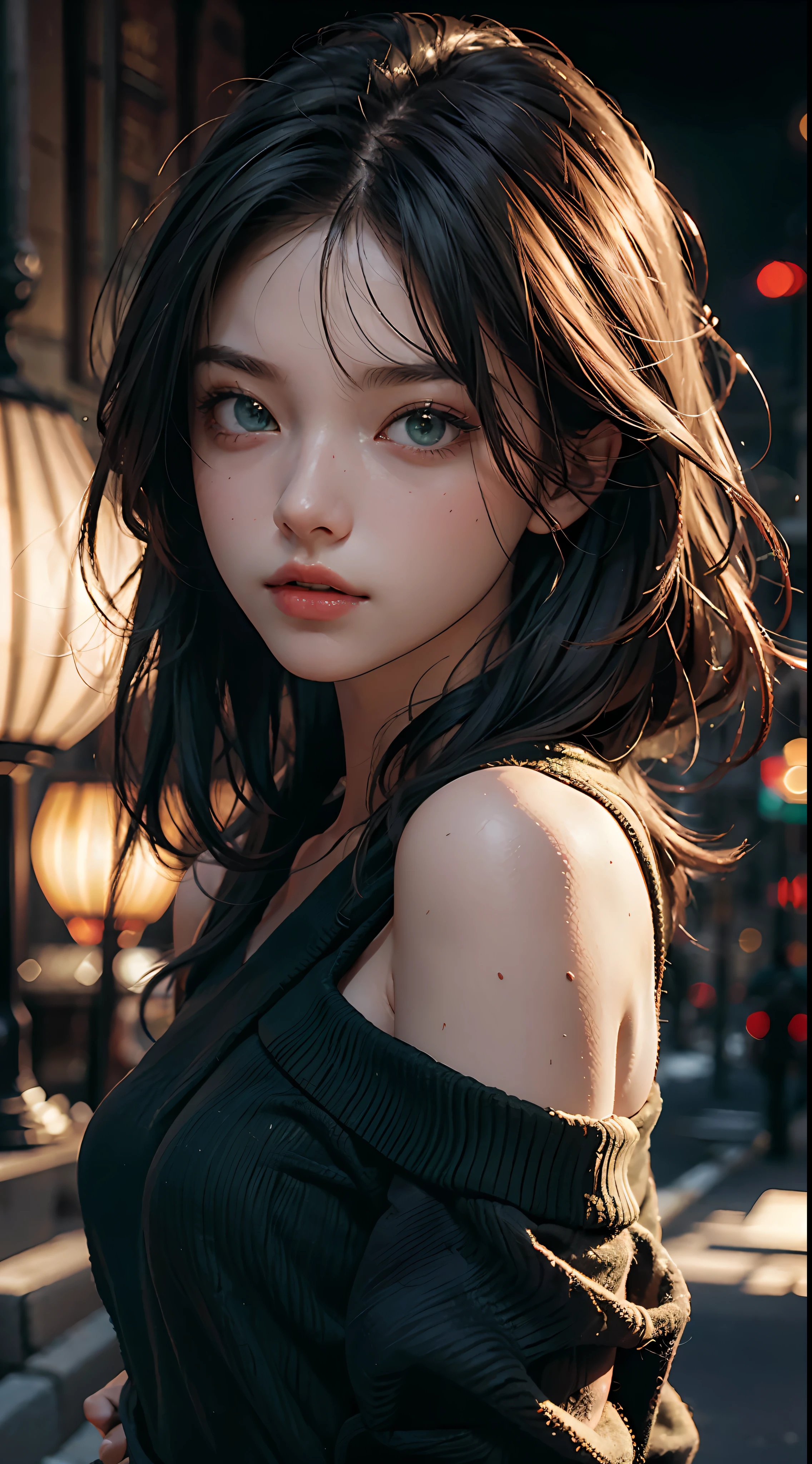 Best Quality, Masterpiece, Ultra High Resolution, (Realisticity: 1.4), Original Photo, 1Girl, Green Eyes, Off-the-Shoulders, Cinematic Lighting