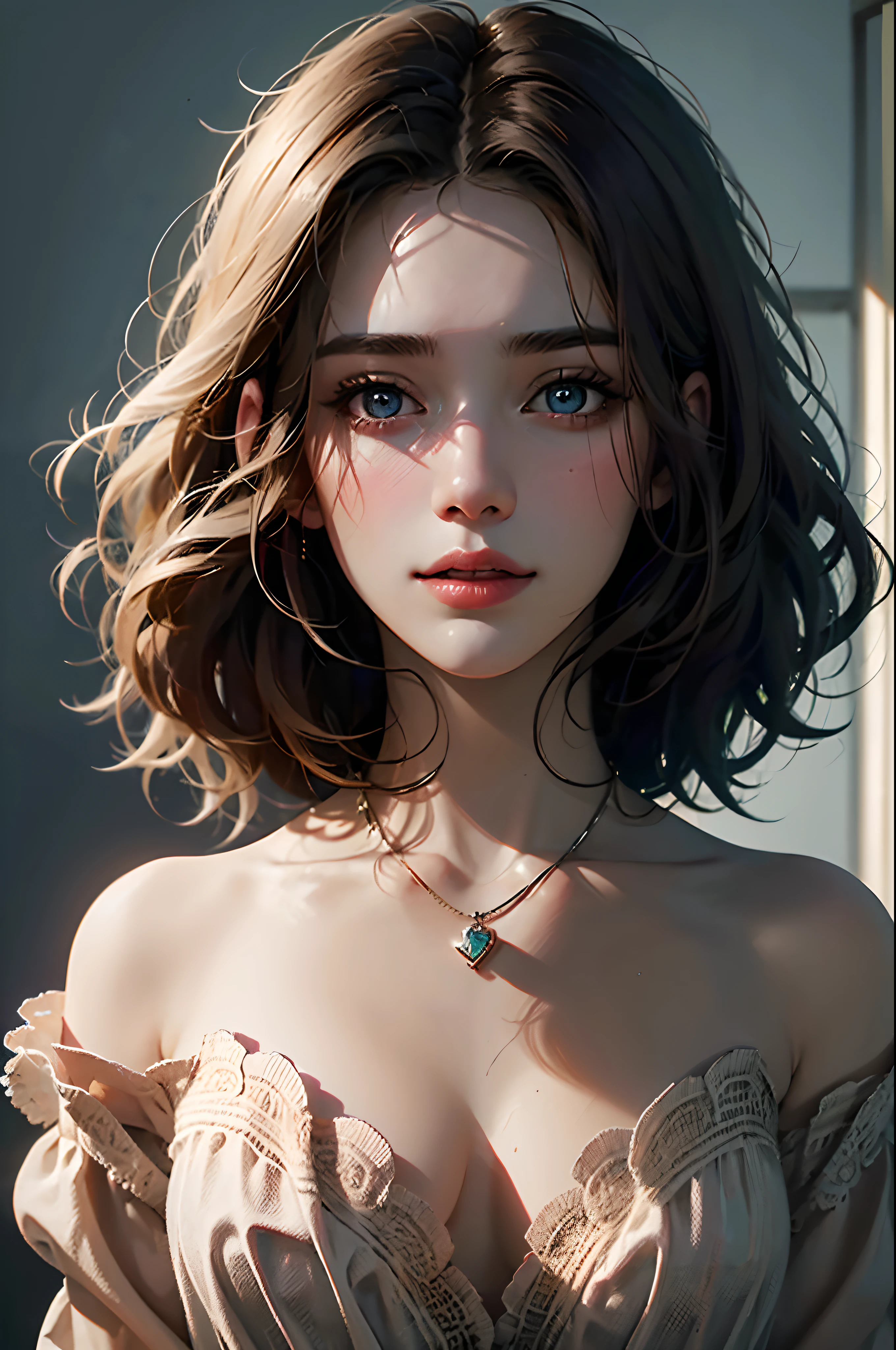 best quality, masterpiece, high resolution, 1 girl, porcelain dress, hair ornament, necklace, jewelry, beautiful face, on body, tyndall effect, photorealistic, dark studio, rim lighting, two-color lighting, (highly detailed skin: 1.2), 8k uhd, dslr, soft lighting, high quality, volumetric lighting, candid, photography, high resolution, 4k, 8k, Bokeh,