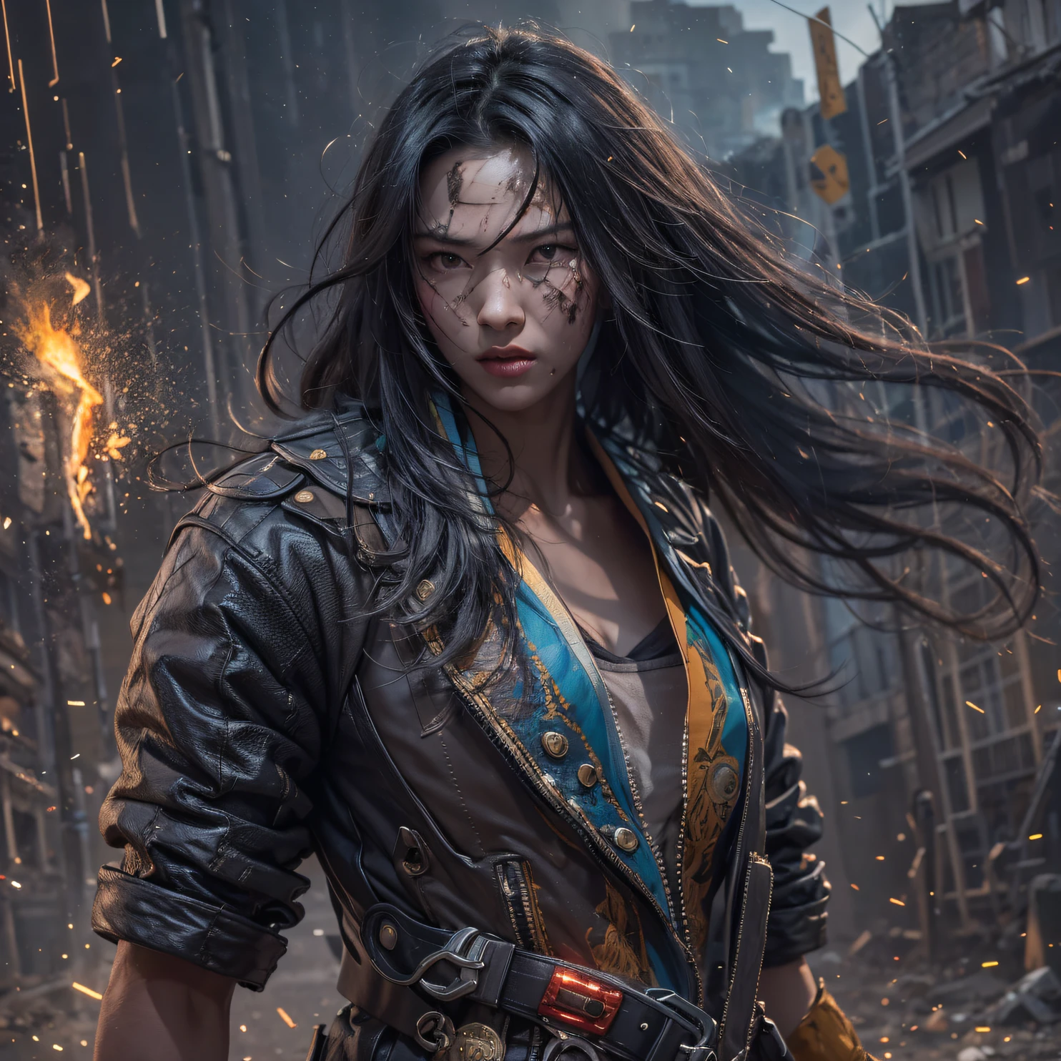 (Rainbow ruins)Climb the streets(Doomsday Rainbow)eyes filled with angry,He clenched his fists,Rush up,Deliver a fatal blow to your opponent,full bodyesbian,Full Body Male Mage 32K(Masterpiece rainbow,Rainbow Ultra HD)Long flowing black hair,Campsite size,zydink, The wounded lined up in the streets(Doomsday ruins rainbow)Climb the streets, The scene of the explosion(Rainbow Doomsday Ruins), (Linen batik scarf), Angry fighting stance, looking at the ground, Batik linen bandana, Chinese python pattern long-sleeved garment, rainbowing(Abstract propylene splash:1.2), Dark clouds lightning background,Flour flies(realisticlying:1.4),Black color hair,Flour fluttering,rainbow background, A high resolution, the detail, RAW photogr, Sharp Re, Nikon D850 Film Stock Photo by Jefferies Lee 4 Kodak Portra 400 Camera F1.6 shots, Rich colors, ultra-realistic vivid textures, Dramatic lighting, Unreal Engine Art Station Trend, cinestir 800,Flowing black hair,(((rainbowing)))The wounded lined up in the streets(rainbowing)Climb the streets,