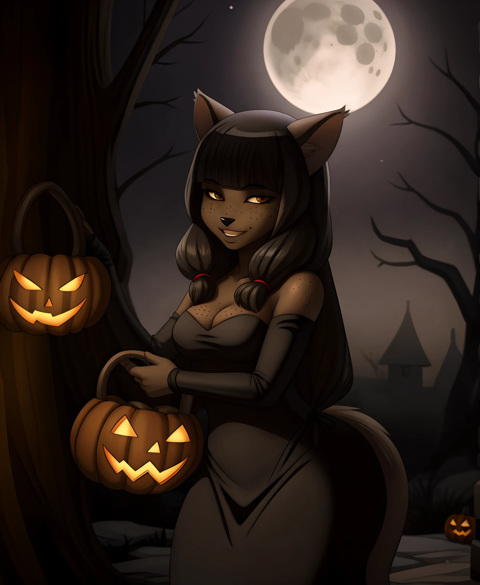 1girl, dark skin, cat ears, bangs, long hair, freckles, full body, detailed background, a moonlit Halloween night with an enchanting atmosphere, a black cat dressed as a witch, (her sleek fur blending perfectly with the darkness), playfully teasing with every twist and turn, as she ventures from house to house, she embraces the spirit of "trick or treat" with a mischievous gleam in her eyes,