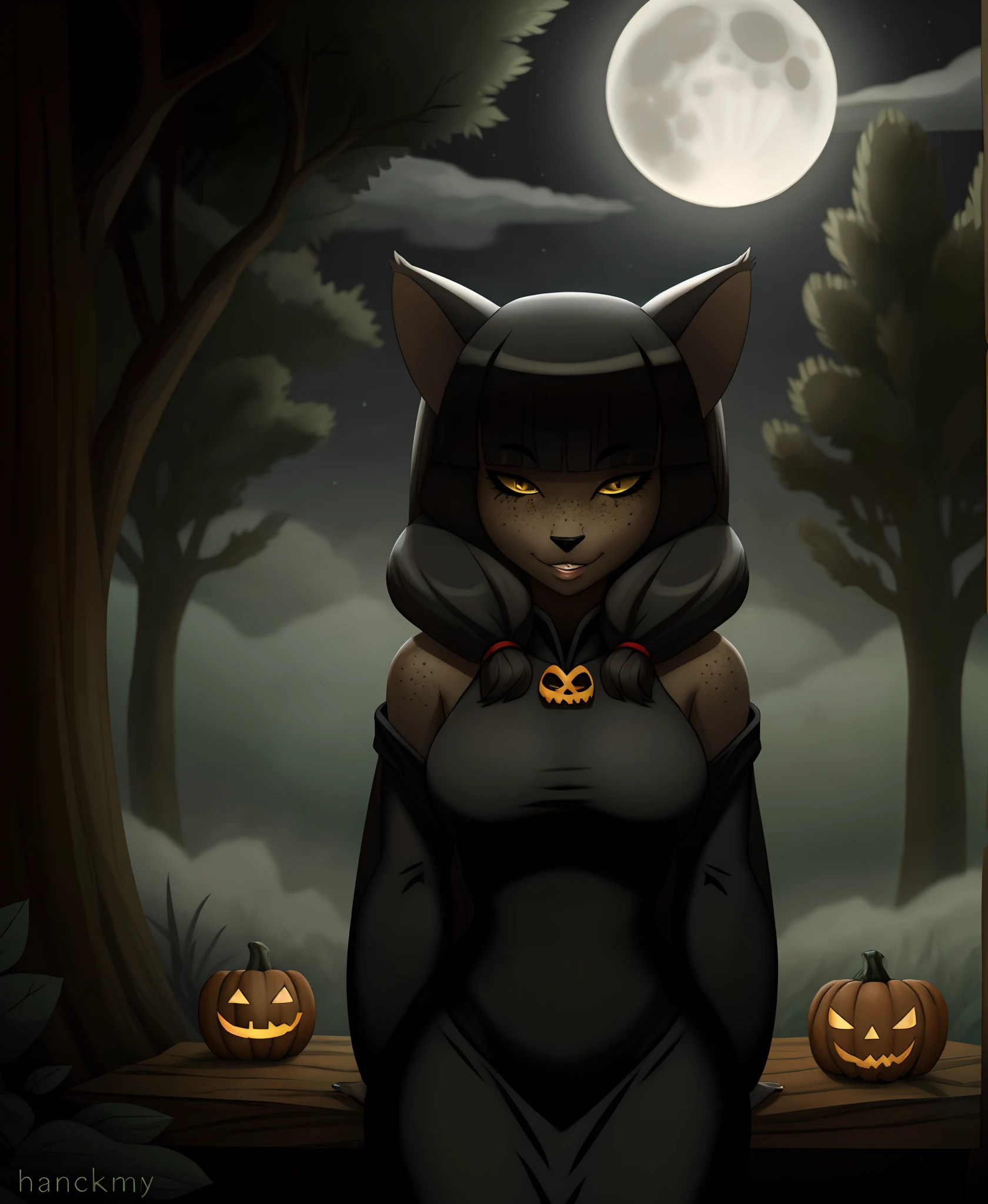 1girl, dark skin, cat ears, bangs, long hair, freckles, full body, detailed background, a moonlit Halloween night with an enchanting atmosphere, a black cat dressed as a witch, (her sleek fur blending perfectly with the darkness), playfully teasing with every twist and turn, as she ventures from house to house, she embraces the spirit of "trick or treat" with a mischievous gleam in her eyes,