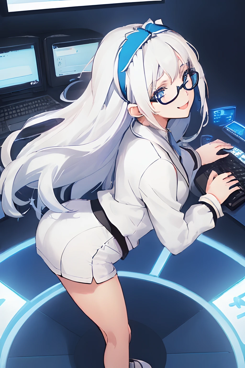 ((((1 girl)))), ((((solo)))), fullbody, ((((white hair)))), long hair, ((((blue hairband)))), ((((blue eyes)))), happy, smile, 18 year old, dynamic angle, suit, round glasses, office, personal computer, business, from behind