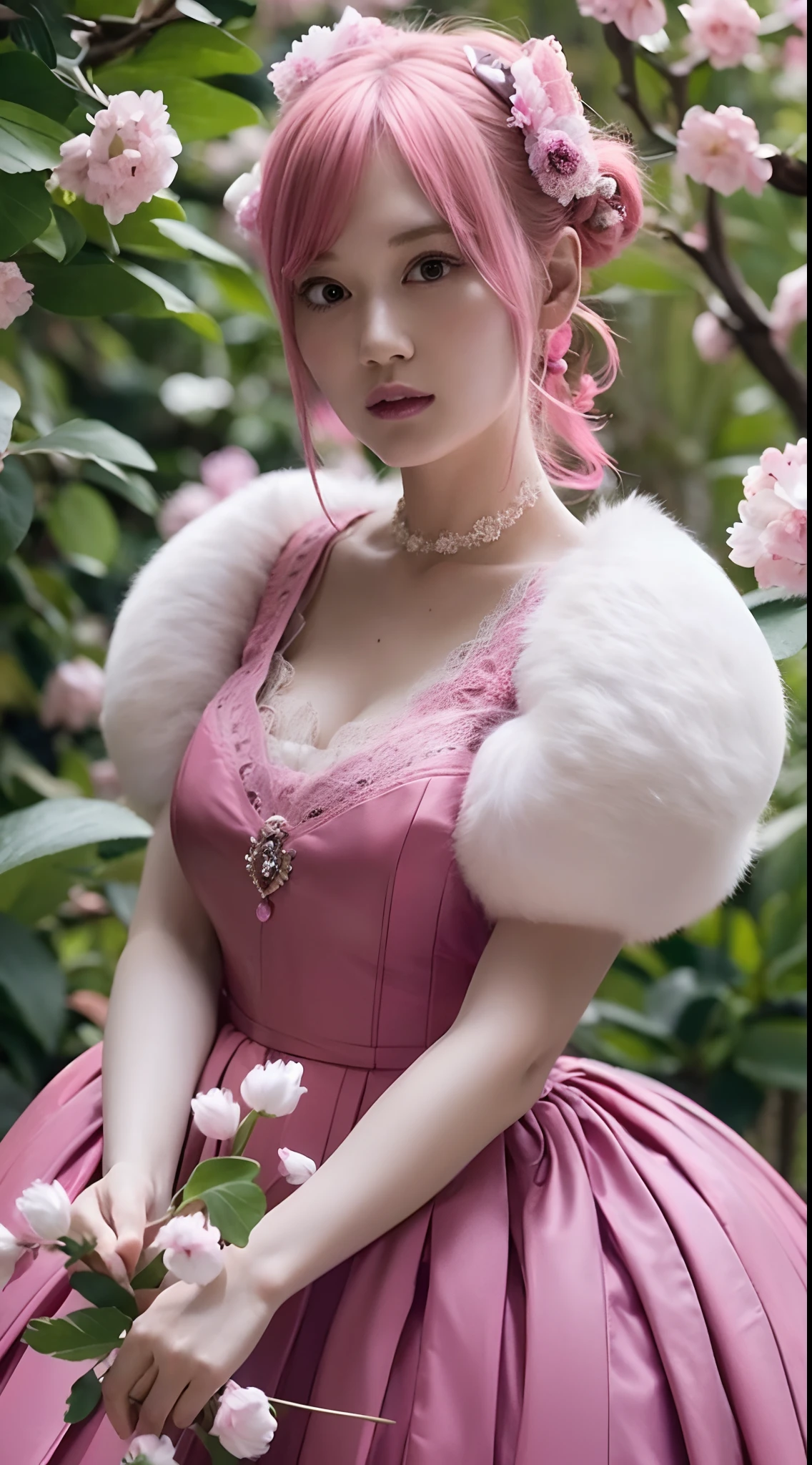 a girl，A pink-haired，Puffy skirt，puff sleeves，dual horsetail，Playful，Candy Elements，Hyper-Resolution，accuracy，detail render，（delicate facial portrayal）（Depiction of fine hair）（top-quality）（Master masterpieces）（High degree of perfection）（Sense of atmosphere）tmasterpiece，ultra - detailed，closeup cleavage，（half-body portrait）