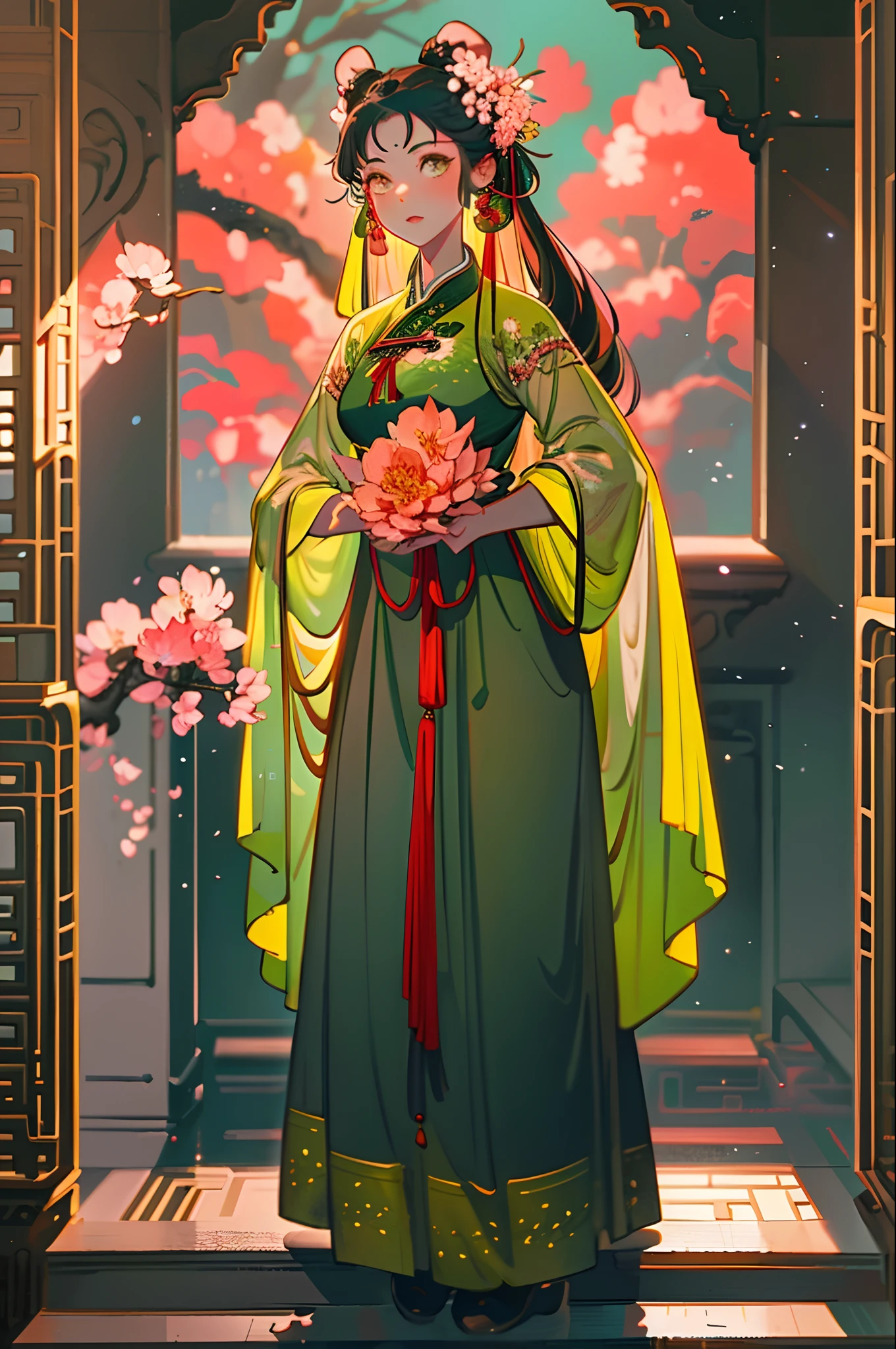 A beautiful girl in ancient China,standing on your feet,Lovely temperament,Long dark green dress,In the background is a large tree,Huge peach blossoms,rays of sunshine,Clear face,tmasterpiece,ultra - detailed,Epic composition,high qulity,HighestQuali,4K