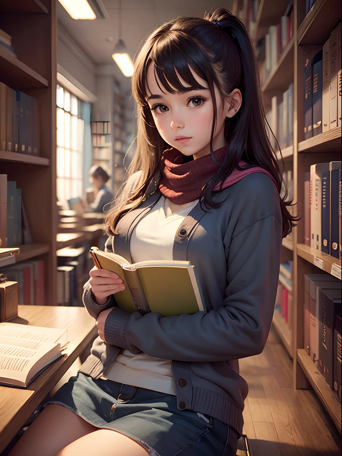 Girl in the library reading a book