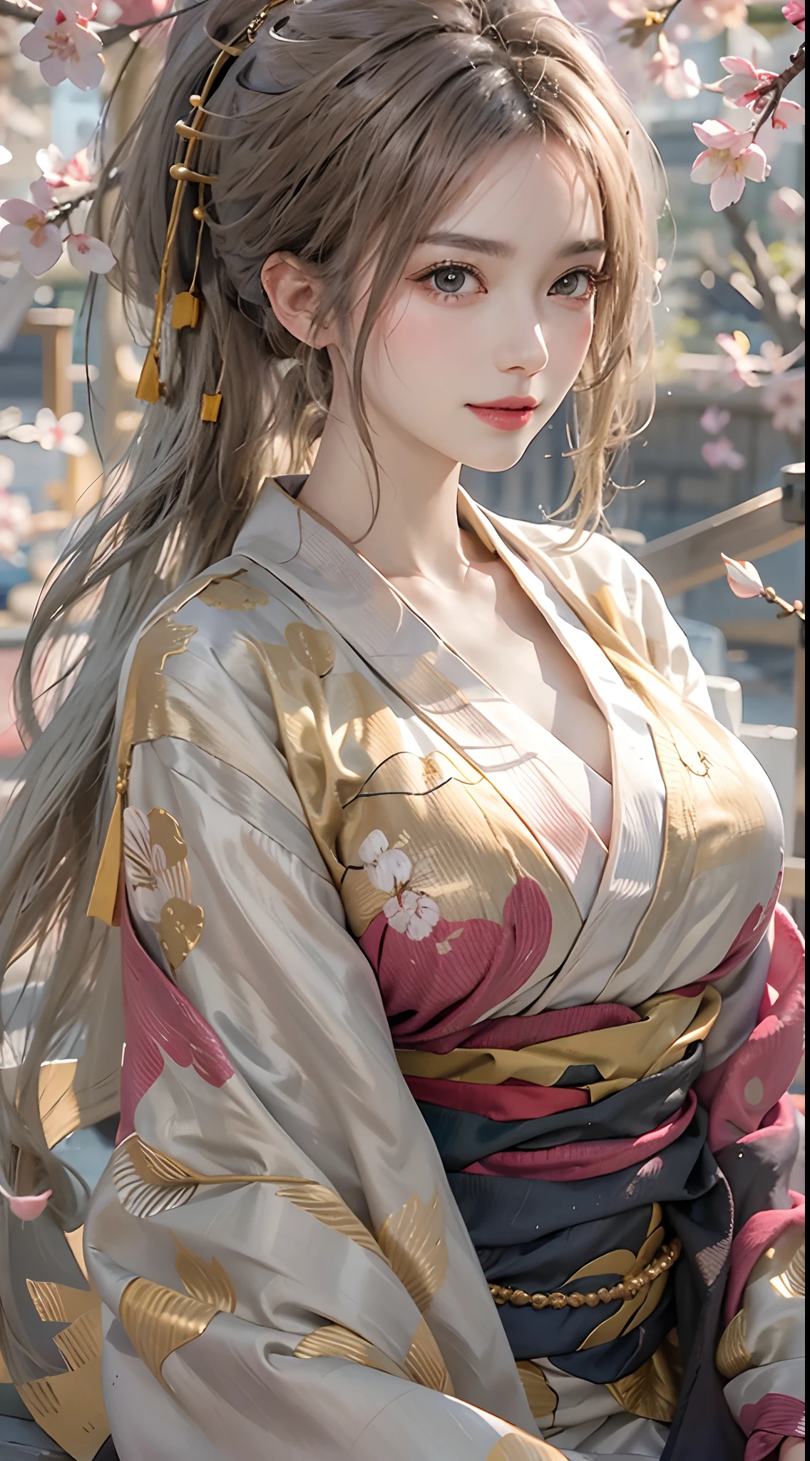 photorealistic, high resolution, soft light,1women, solo, hips up, shining skin, (detailed face),tattoo, jewelry, hanfu, cloak, cherry blossom, night, white wavy hair, Beautiful Soldier, Eyes That Invite Viewer, Lover's Perspective, Inviting Expression, Sexy Smile, Perfect Style, Perfect Balance, Detailed Skin, Naughty Gaze, large breasts, body facing towards viewer, expert shading, thighs, legs, sitting, sitting on lap, focus, skinny, perfect hands, perfect arms, golden kimono, yukata, kimono, golden yukata, yukata with gold ornaments, ponytail hair, long ponytail, high ponytail