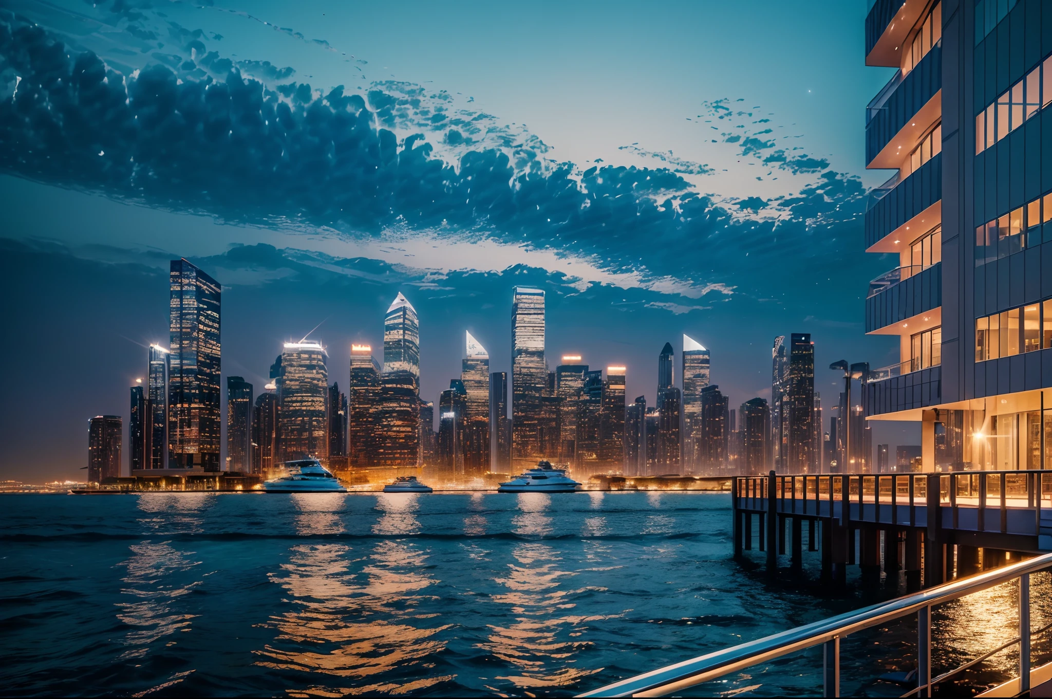 floatingcity,seaside,modernarchitecture,impressive skyline,breathtaking view,crystal-clear water,reflecting sunlight,serene atmosphere,glowing lights,high-rise buildings,panoramic view,unforgettable experience,twinkling stars,glittering reflections,glistening waves,vibrant colors,harbor,swaying boats,tranquil ambiance,urban paradise,(best quality,4k,8k,highres,masterpiece:1.2),ultra-detailed,realistic:1.37,HDR,UHD,studio lighting,physically-based rendering,extreme detail description,professional,vivid colors,bokeh,watercolor painting,warm-toned palette,dreamy atmosphere,flickering streetlights,ethereal beauty