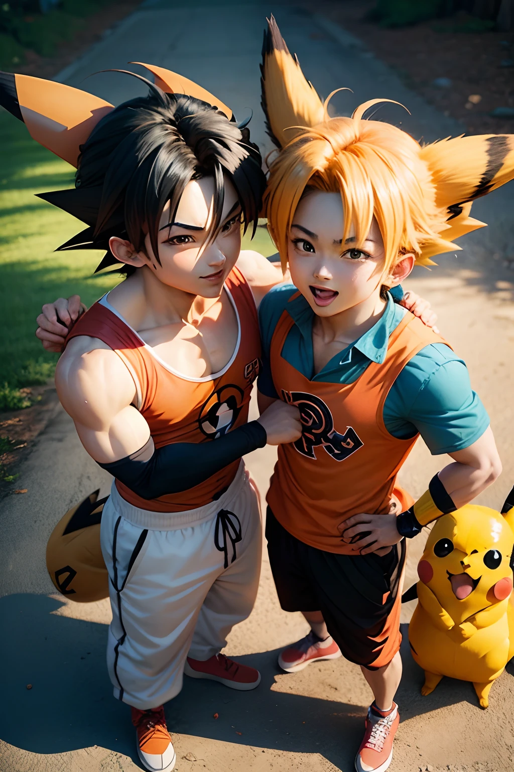 Cartoon characters,Yellow hair,blue short pants,black color hair,Yellow shorts,Shirtless,Positive perspective