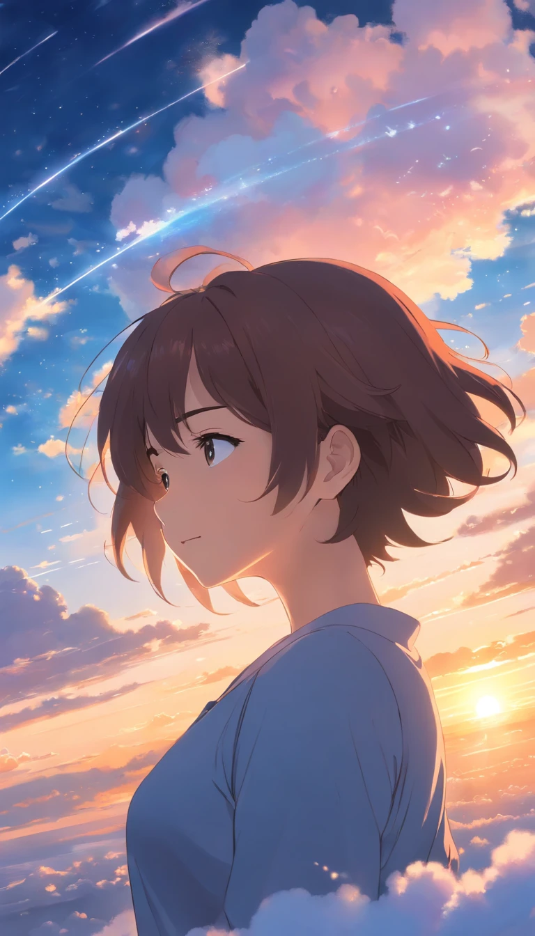tmasterpiece, Highest quality, Movie Steel, 1lady, Cloud lady, Floating in the sky, Close-up, luminance, blissful, Warm and soft lighting, Sunset, Sleeping, Sleep on your stomach, sleep, Eyes closed, fatigue. (spark of light:0.7)