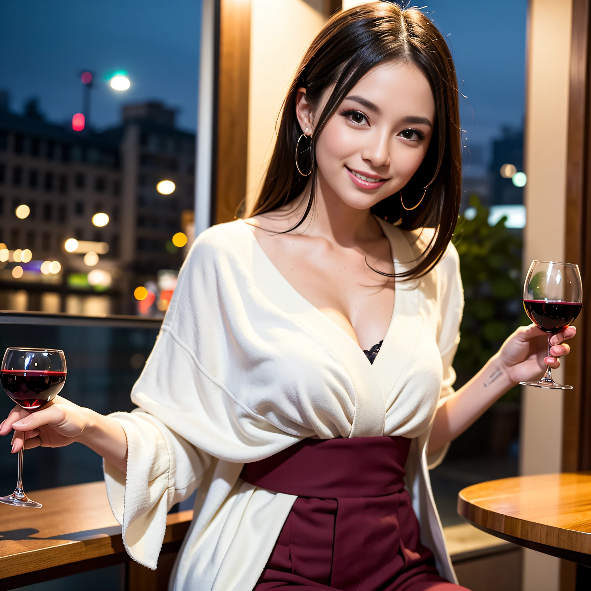 (64K, UHD, top quality, masterpiece: 1.2), (realistic, photorealistic: 1.37), super detailed, pretty woman 1 person, (slim face), (slim body), (brown hair), (short cut), cheeks slightly blushing, (35 years old), 38 years old, solo, beautiful detailed urban night view outside the window, restaurant, wine glasses sit, at night, in a prominent place (from the waist up) NovaFrogStyle, Actress, Model, Waist Up, White Wine, Slim, Wine Glass, Super Clean Night View, Wine Glass Put in the Middle, Happy Smile, (Smile: 1.15), Beautiful Fine Eyes, Upper Body, Bust Japan Up, Night, Short, Short, Actress, Model, Waist Up, White Wine, Slim, Wine Glass, Super Clean Night View, Wine Glass Put in the Middle, Happy Smile,