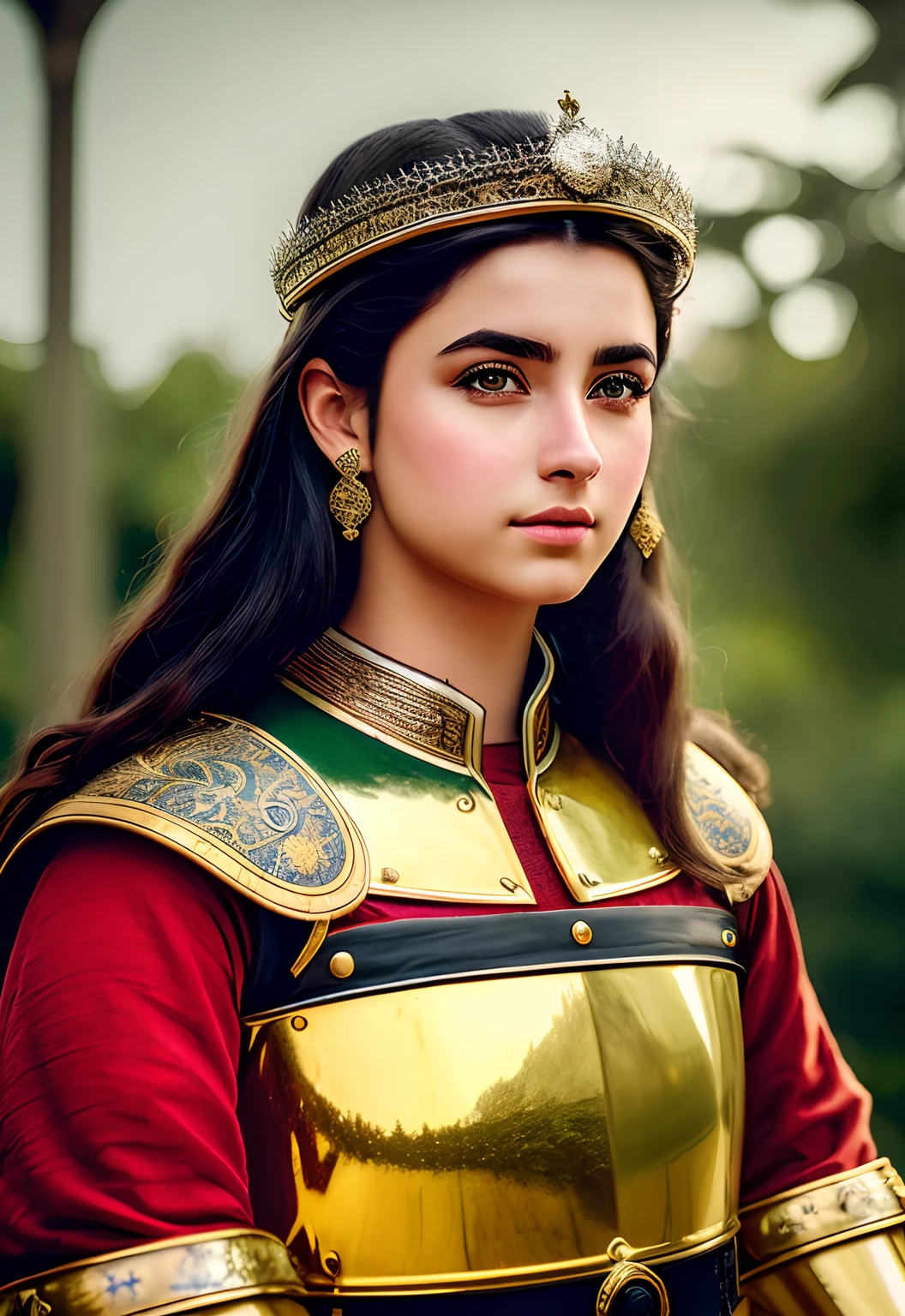 (master part, best quality:1.2), Super Detalhe, Cinematic lighting, HDR, illustration, Imagem fotografia realista de todo o resplendor de uma jovem mulher, a Santa Joana D'arc, beleza jovem e medieval, vestido nobreza, campos verdejantes