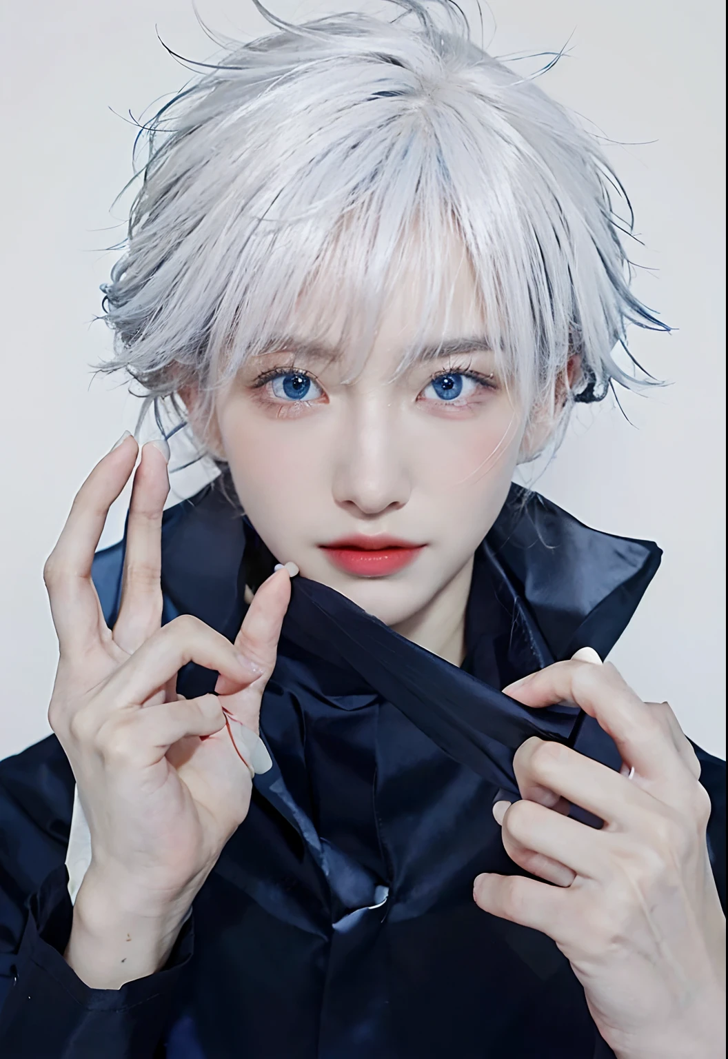 Masterpiece, 1man, Realistic, superb rendering, 8k, best quality, Ultra Quality, masculine: 1.2, Professional Illustration: 1.1, Ultra Detail: 1.3, Ultra Lighting, Highly Detailed, Blue sea Eyes, white hair, realistic fashion, close up face, perfect fingers,
