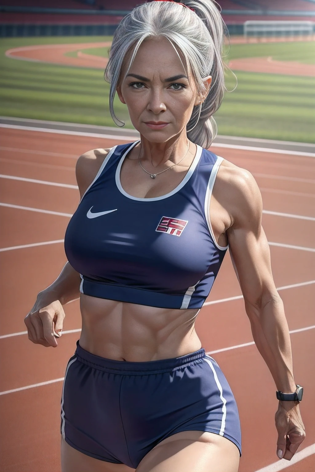 65-year-old woman with gray hair, seductive gaze, a lot of wrinkles on her face, 8k, ultra realistic, realistic, realism, extra realistic, ultra detailed, detailed background, wrinkles on body, showing full body, detailed body, detailed face, detailed eyes, detailed background, Top image quality, hight resolution、small tits、Sleeveless uniforms on land、track and field old athlete、high-ponytail Hairstyle、no bra, A slight smile))、red lipsticks、Walk along of the athletics stadium、NSFW:1.2, On both hands and hips、Navel is visible、((Thigh Raising Training))、((Running on the track))、(((see the whole body)))
