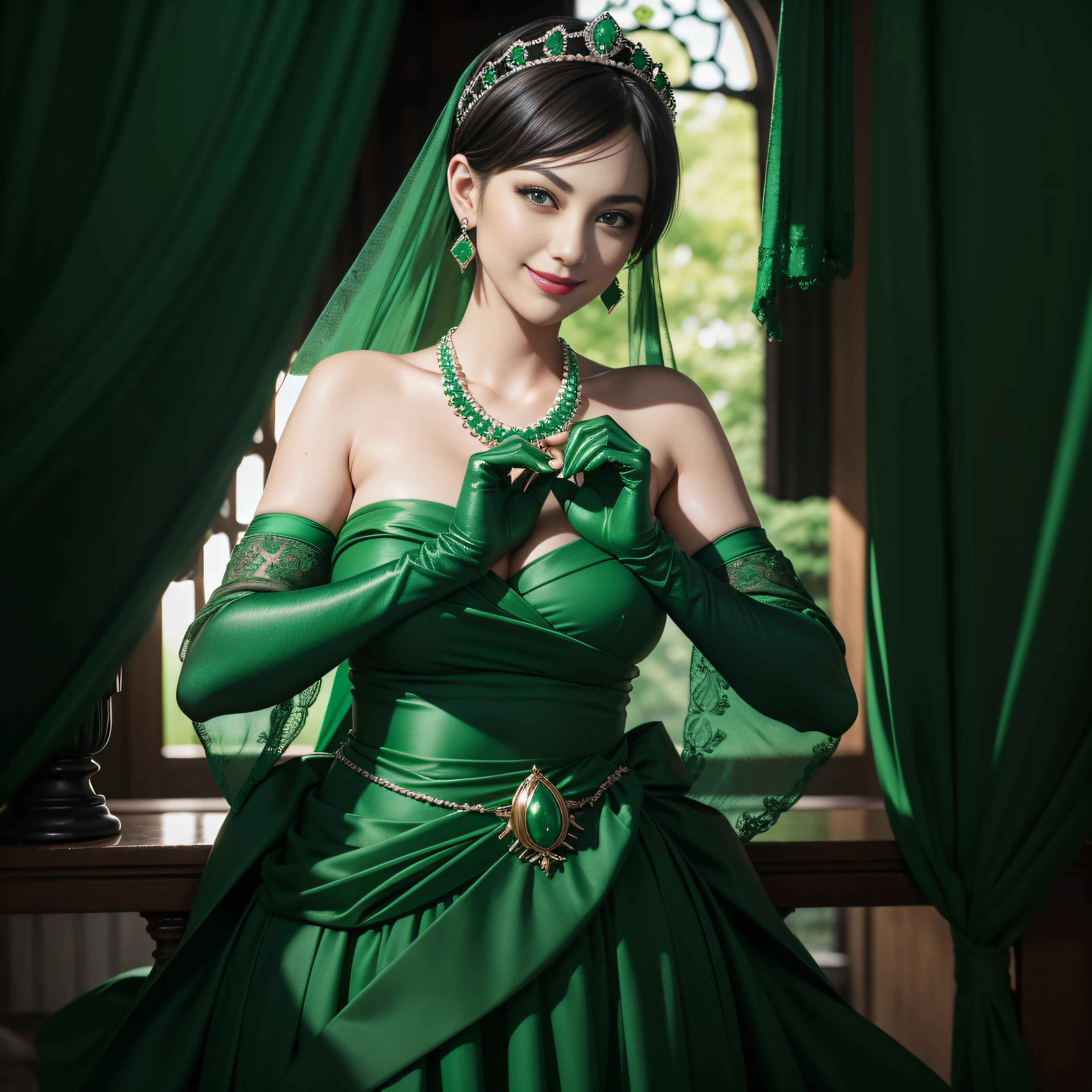 emerald tiara, Green Pearl Necklace, Boyish very short black hair, lipsticks, Japan woman smiling, very short short hair, big breasts beautiful, Green eyes, Long green gloves made of satin material, Green eyes, Emerald Earrings, Day Church, Pregnant Woman