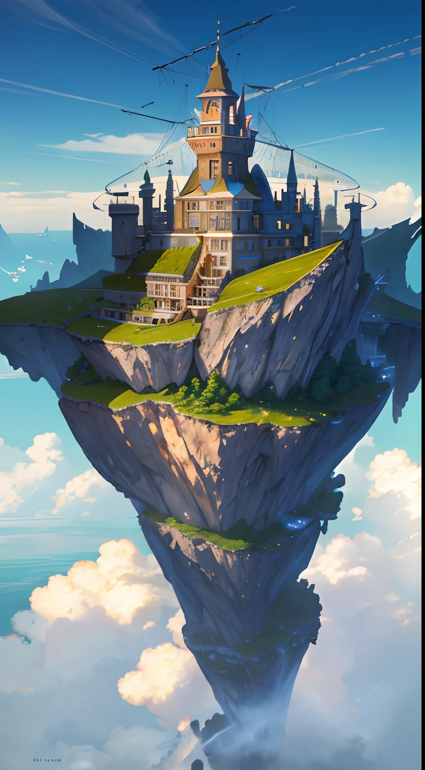 Many islands are suspended in the air with many small airships flying around, cities, fantasy, magical plants growing, extreme details, realistic light, epic composition, (complex details), (complex design, ultra-details :1.2), Art Station, (Masterpiece, Best Quality), Ultra HD, 32k --v 6