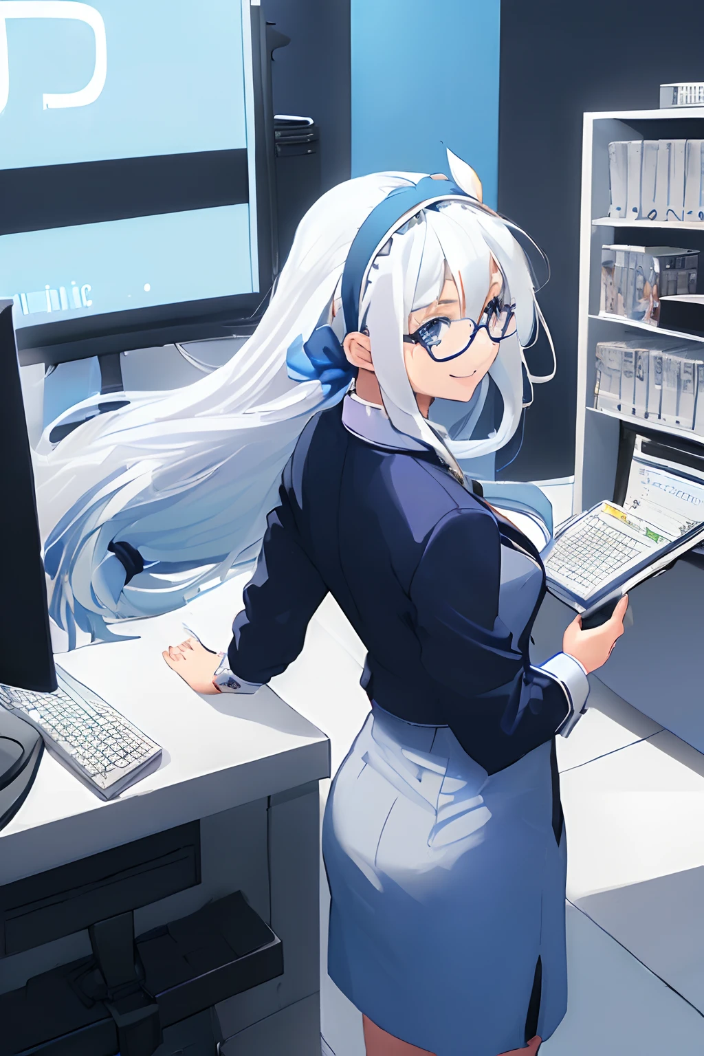 ((((1 girl)))), ((((solo)))), fullbody, ((((white hair)))), long hair, ((((blue hairband)))), ((((blue eyes)))), happy, smile, 18 year old, dynamic angle, suit, round glasses, office, personal computer, business, from behind