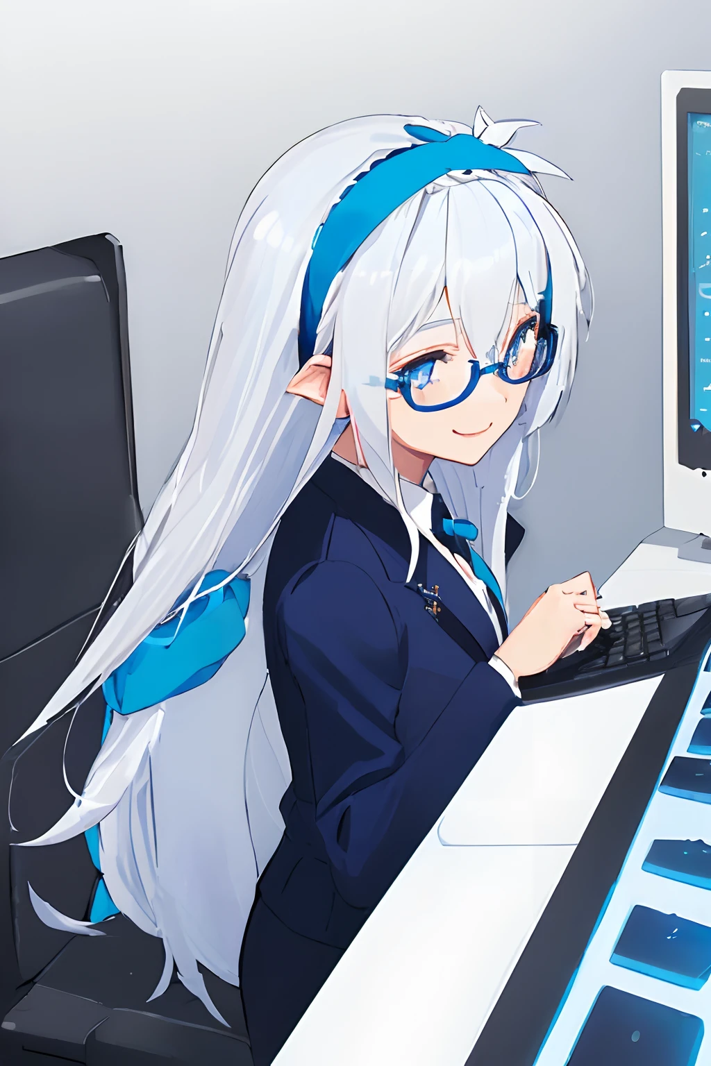 ((((1 girl)))), ((((solo)))), fullbody, ((((white hair)))), long hair, ((((blue hairband)))), ((((blue eyes)))), happy, smile, 18 year old, dynamic angle, suit, round glasses, office, personal computer, business, from behind