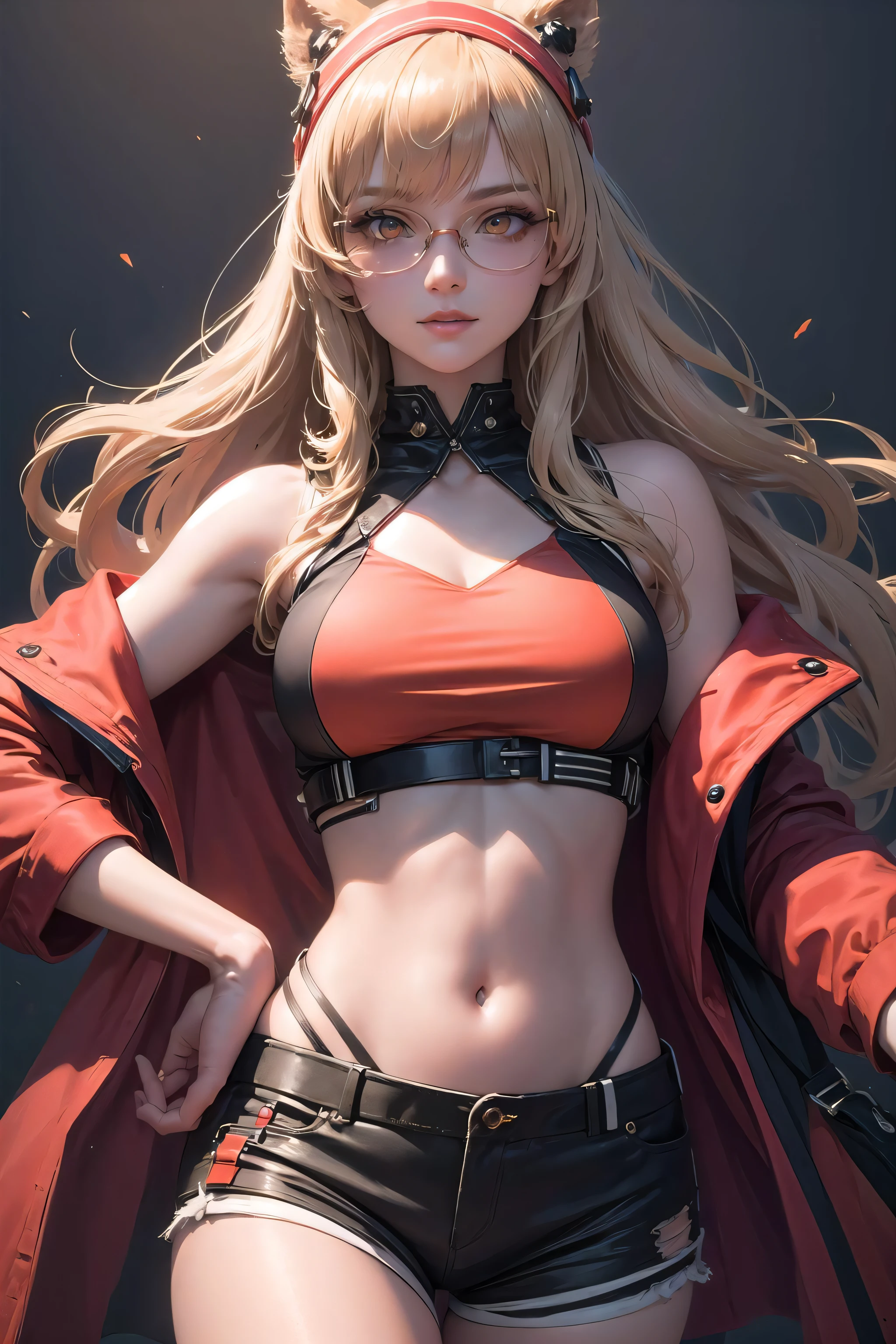 Masterpiece, highest quality, 8K resolution, outstanding detail, mature style, hot lens, (1girl1; 2) Game CG, a sexy mature woman in a red dress, torn top, ultra-short torn jeans, feminine, full-body close-up, slender figure, outdoor, small, medium shawl long blonde hair, wearing (choker), (BDSM1; 9), borderless glasses, (pale expression 1; 2), city, (slave girl 1; 5）; Face delicate, European face, handcuffs --auto --s2