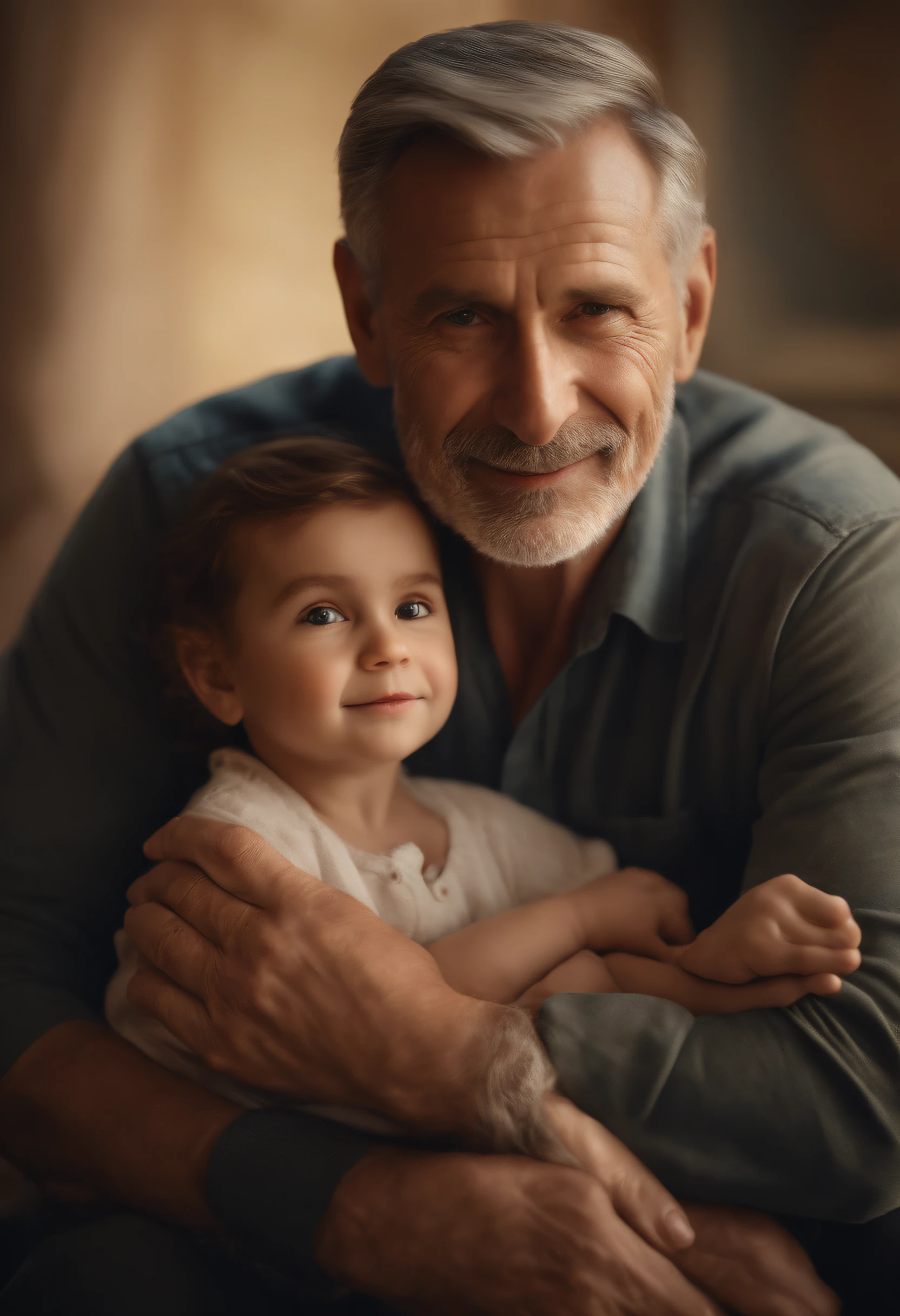 (a father's portrait),(oil painting:1.1),(best quality,highres),(realistic:1.37),detailed face,gentle smile,kind eyes,wisdom in the wrinkles,embracing arms,loving gaze,fine brushstrokes,warm color palette,natural lighting,peaceful background,emotional connection,happy memories