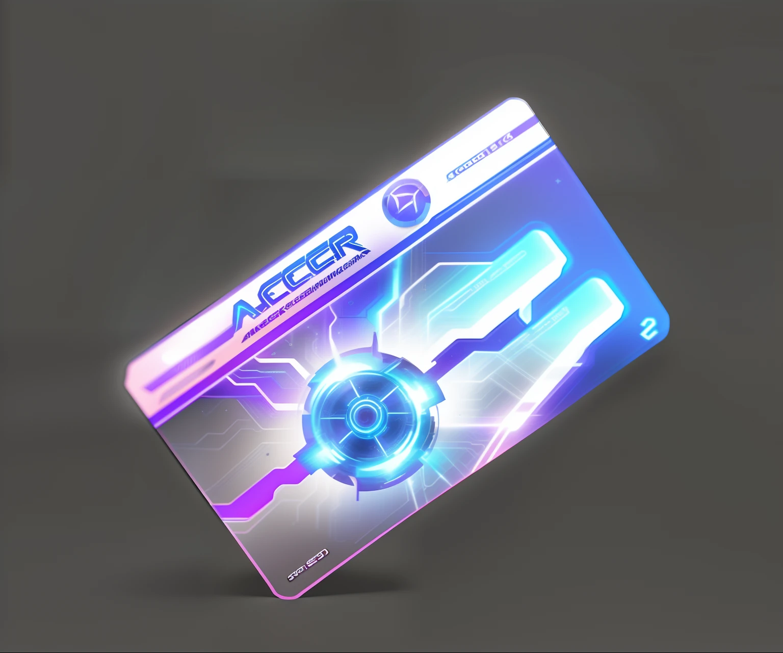 Close-up of accelerator card on purple and blue background, ui card, futuristic nft card game, Speed, game assets, light speed, superspeed, game icon asset, speedster, game hud, Speed blur, holographic material, uv, game ui asset design, High speed, game overlay, mobile game asset, seperated game asset