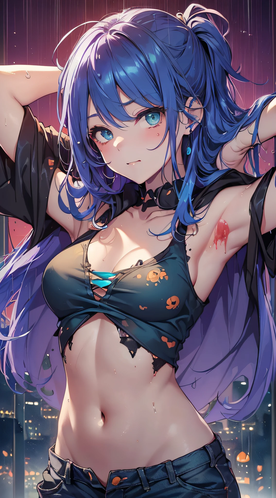 top-quality、Top image quality、masterpiece、teens girl((sixteen years old,Succubus、Black tattered tank top,Tattered blue long pants、Tattered orange short-sleeved hoodie、Best Bust、Bust 85、Light blue shiny hair、Longhaire,Blue-green eyes、open chest wide、Valley、Happiness、A slender、the whole body is wet、Leaning forward、closing eye、Laughing mouth、Spread your arms))hiquality、Beautiful Art、Background with((night cityscape、Red sky、Very heavy rain of blood,Halloween))、masutepiece、Elaborate design、visualart、Theatrical films